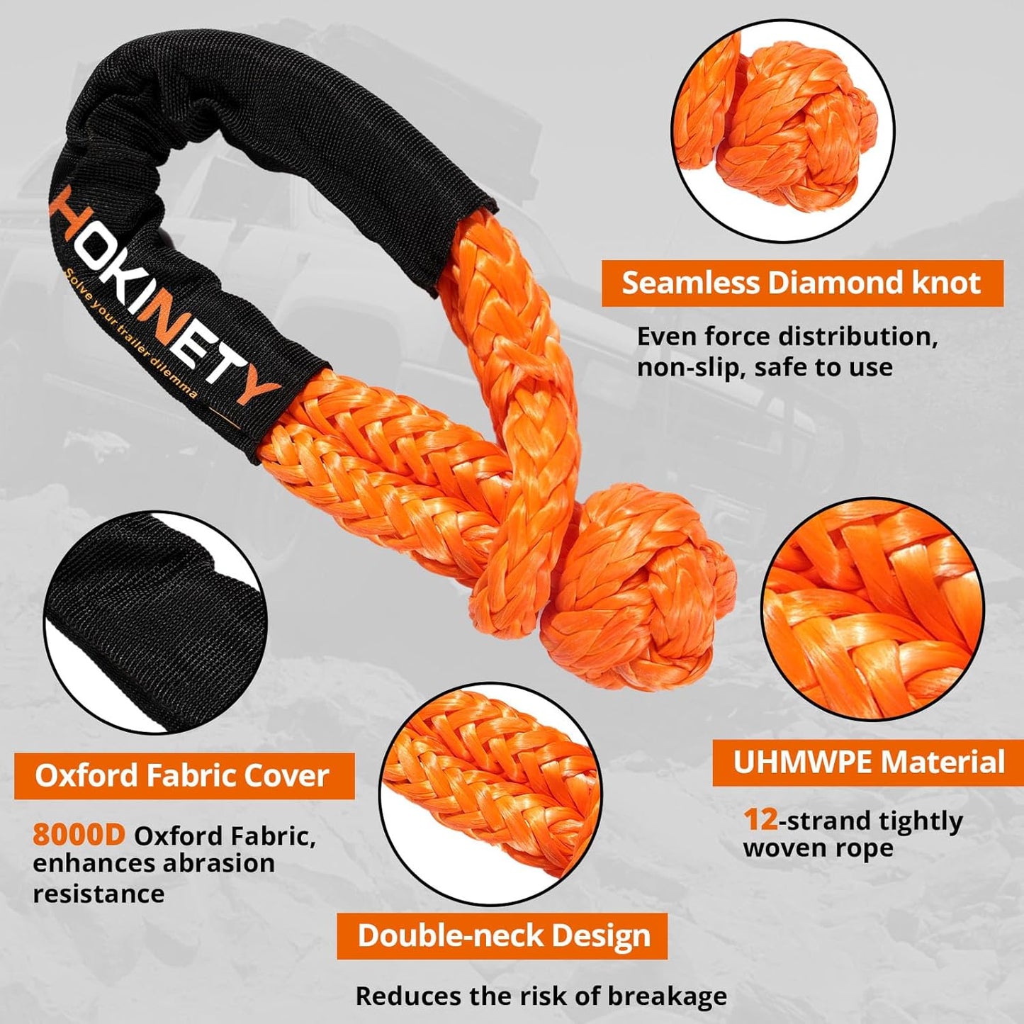 Kinetic Recovery Tow Rope: 1.26" x 30ft 55000LBS Snatch Strap with Soft Shackles Heavy Duty Offroad Towing Straps Kit for Trucks SUV UTV ATV Tractor Car Jeep - Orange
