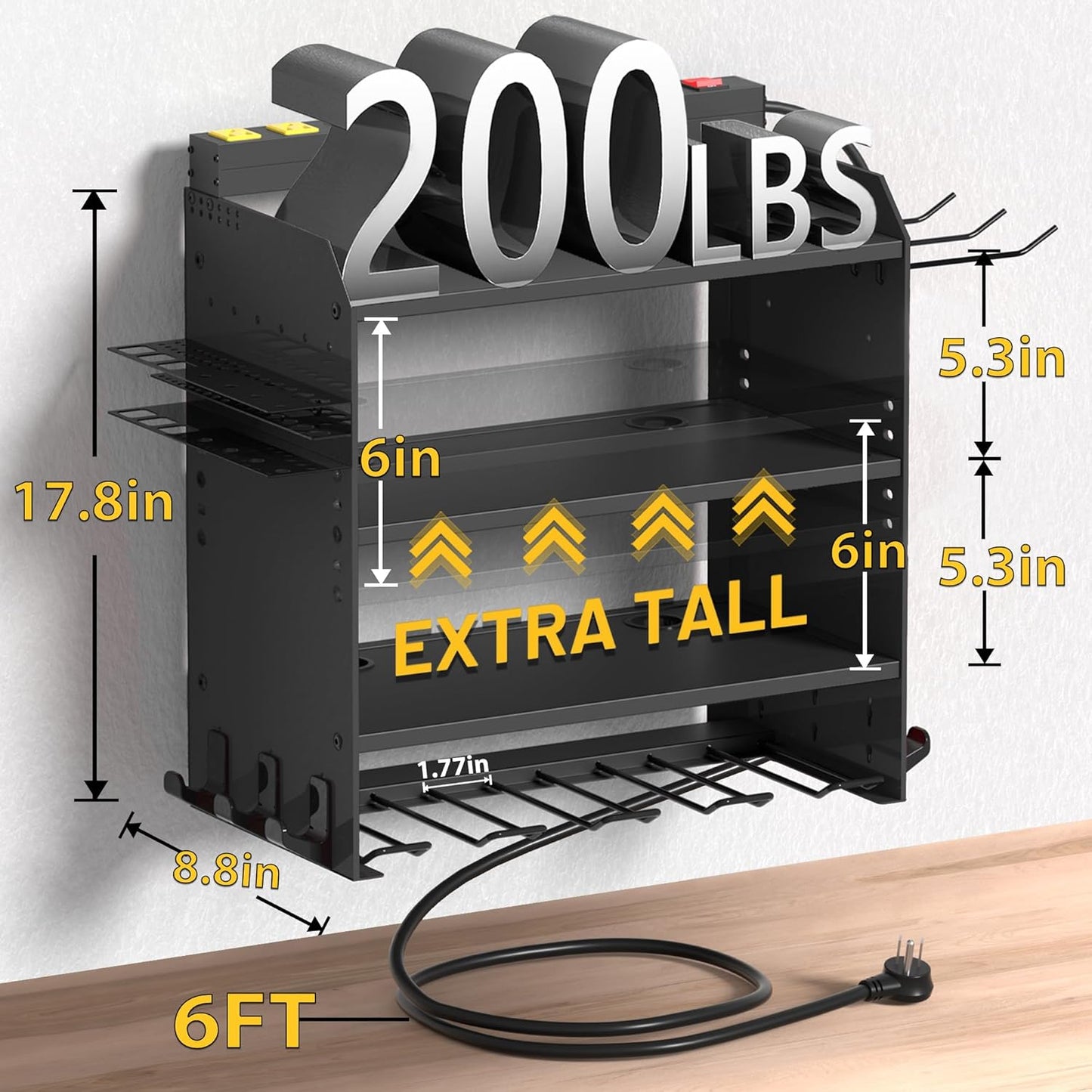4-Layer Wall-Mounted Power Tool Organizer Rack,Heavy Duty Adjustable Shelves Organizer for Cordless Power Tool Batteries,Space-Saving Garage & Workshop Charging Station 8 Outlets Power Strip