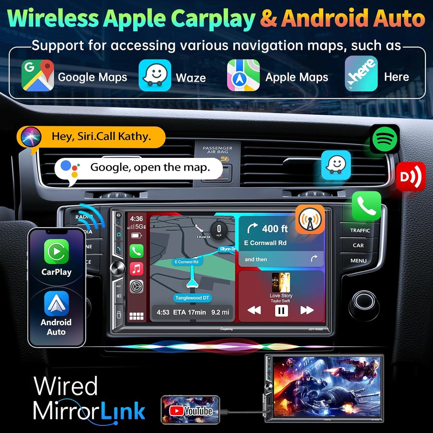 Double Din Car Stereo with Wireless Apple CarPlay and Android Auto, Bluetooth 5.3 Car Play, Mirrorlink, 7" HD Touchscreen, Backup Camera, 240W 4.2 CHN 2 Subwoofers Outputs, AM/FM Car Radio