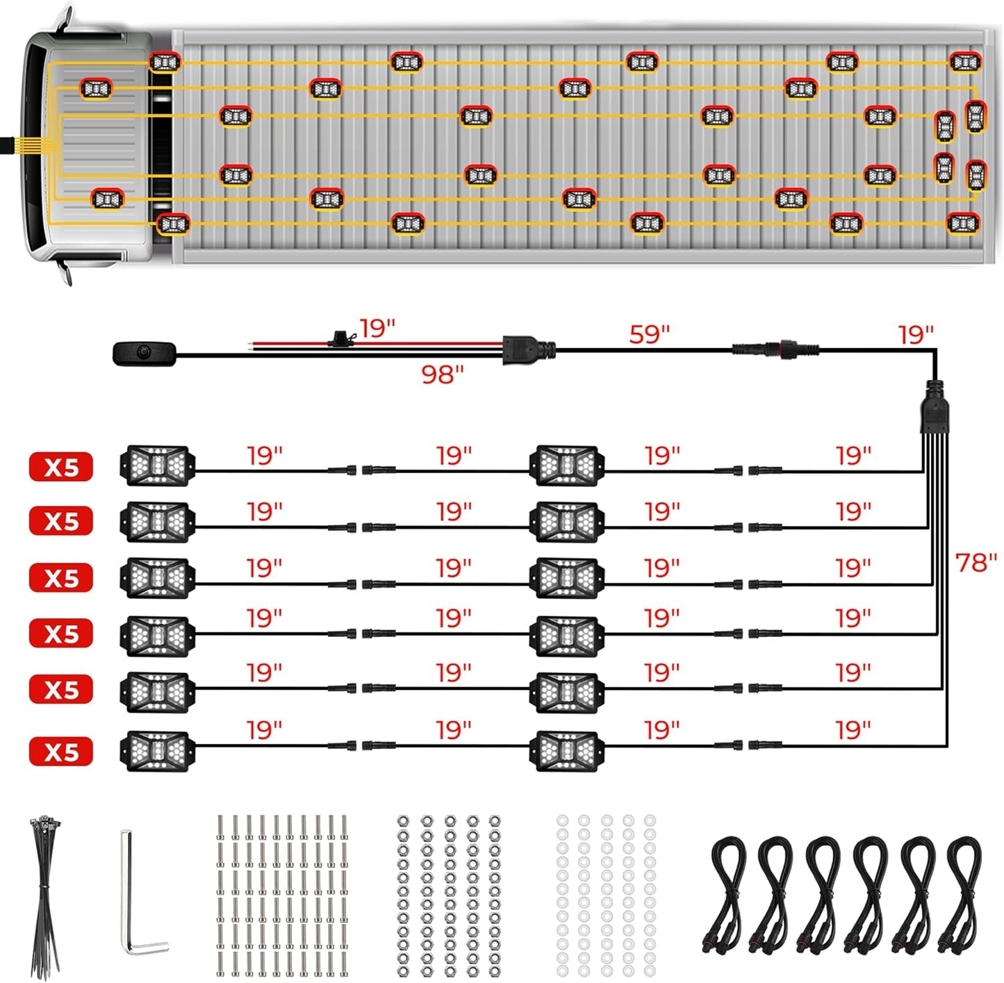 30 Pods Pure White LED Rock Lights Kit with Switch Wiring Harness,6500K 810 LEDs Bright Rock Lights for Trucks,Waterproof Underglow Light for Car Jeep Off Road ATV UTV SUV