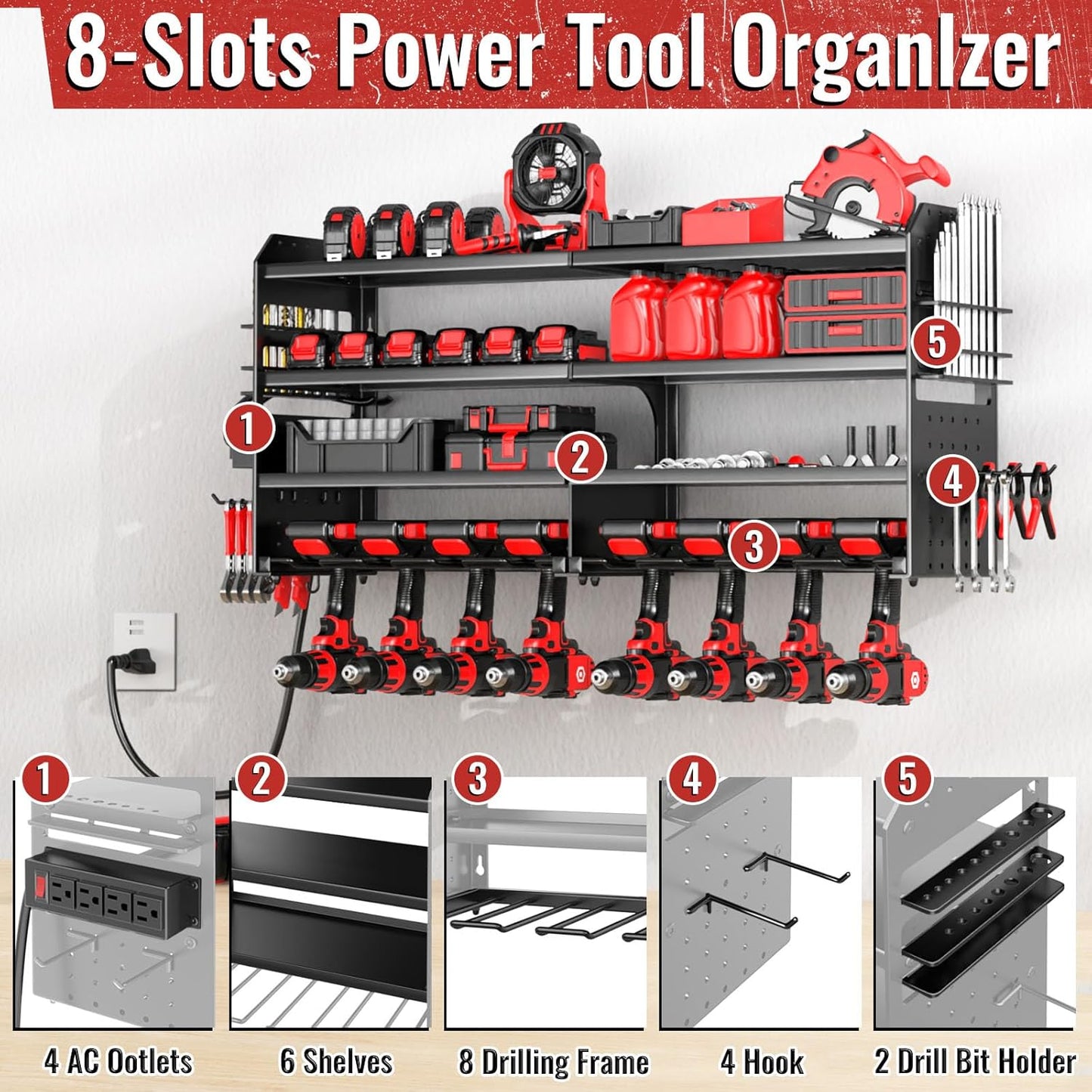 Large Power Tool Organizer Wall Mount with Charging Station, 4 Layer Heavy Duty Metal Cordless Tool Organizer, Tool Storage Rack with 8 Cordless Drill Holder Screwdriver Hammer(Black)