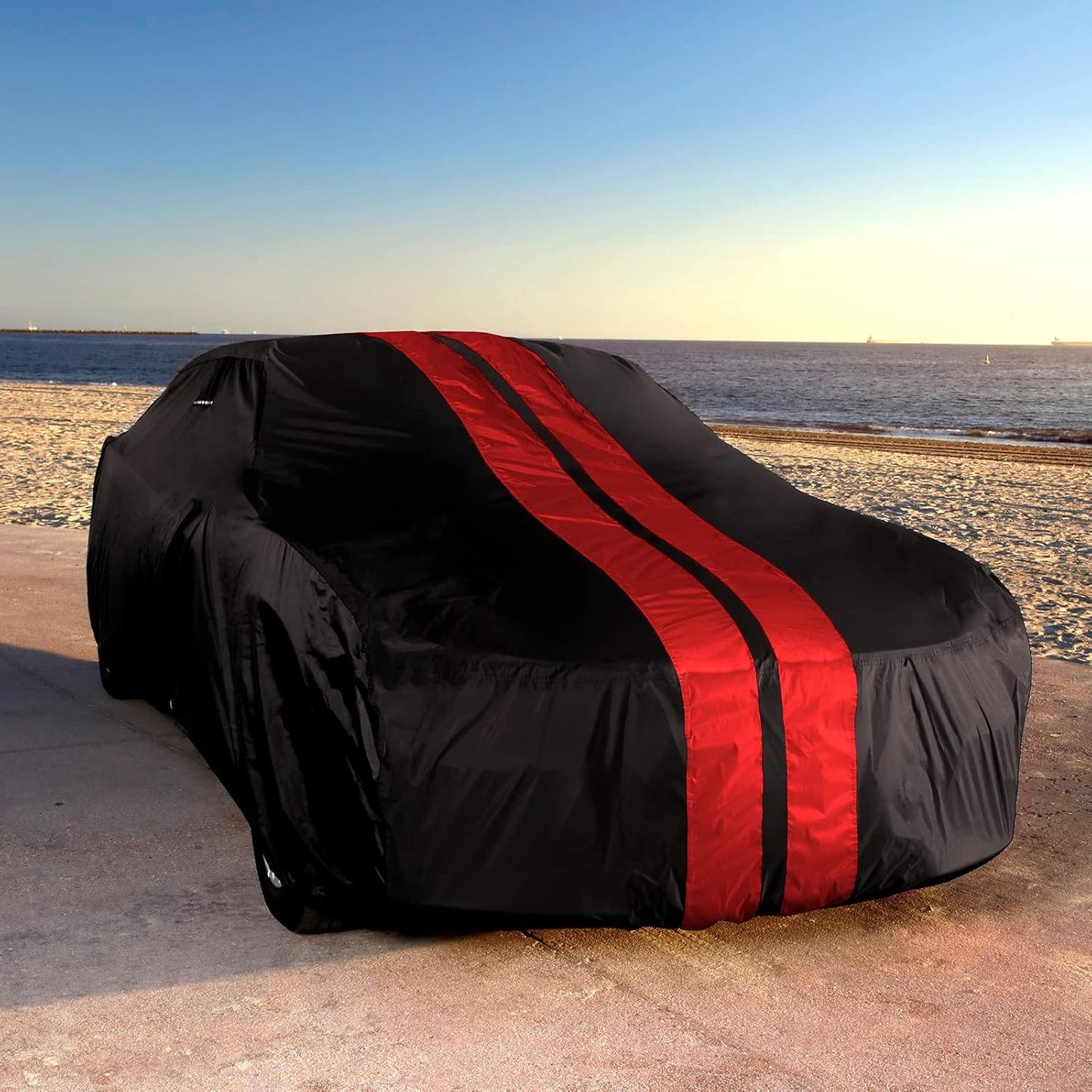 iCarCover Custom Car Cover for 1964-1968 Ford Mustang Waterproof All Weather Rain Snow UV Sun Protector Full Exterior Indoor Outdoor Car Cover (Stripe - Black/Red)