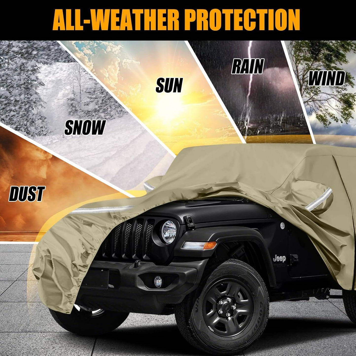 Waterproof Car Covers Replace for 2007-2025 Jeep Wrangler 2 Door, Multilayer Heavy Duty with Cotton Liner All Weather Car Cover with Zipper Door, Windproof Bands for Snow Rain Dust Protection