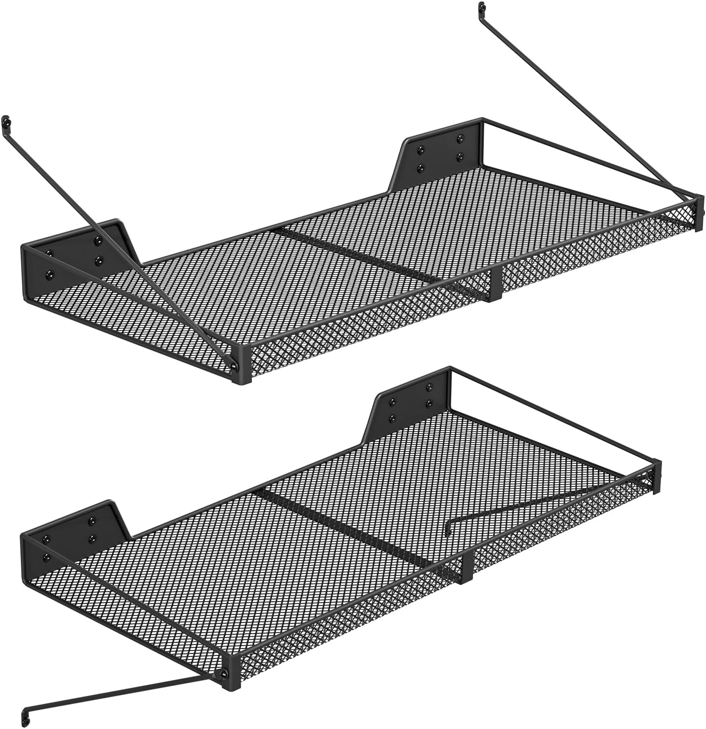 Garage Wall Shelf (2PCS-23.6"x12"x2.2") Steel Wall Shelf Storage Rack-design of TRIANGULAR BRACKET, Wall Mount Heavy Duty Metal Shelves Mesh Storage Rack for Garage, Office, Basement Kitchen, Closet