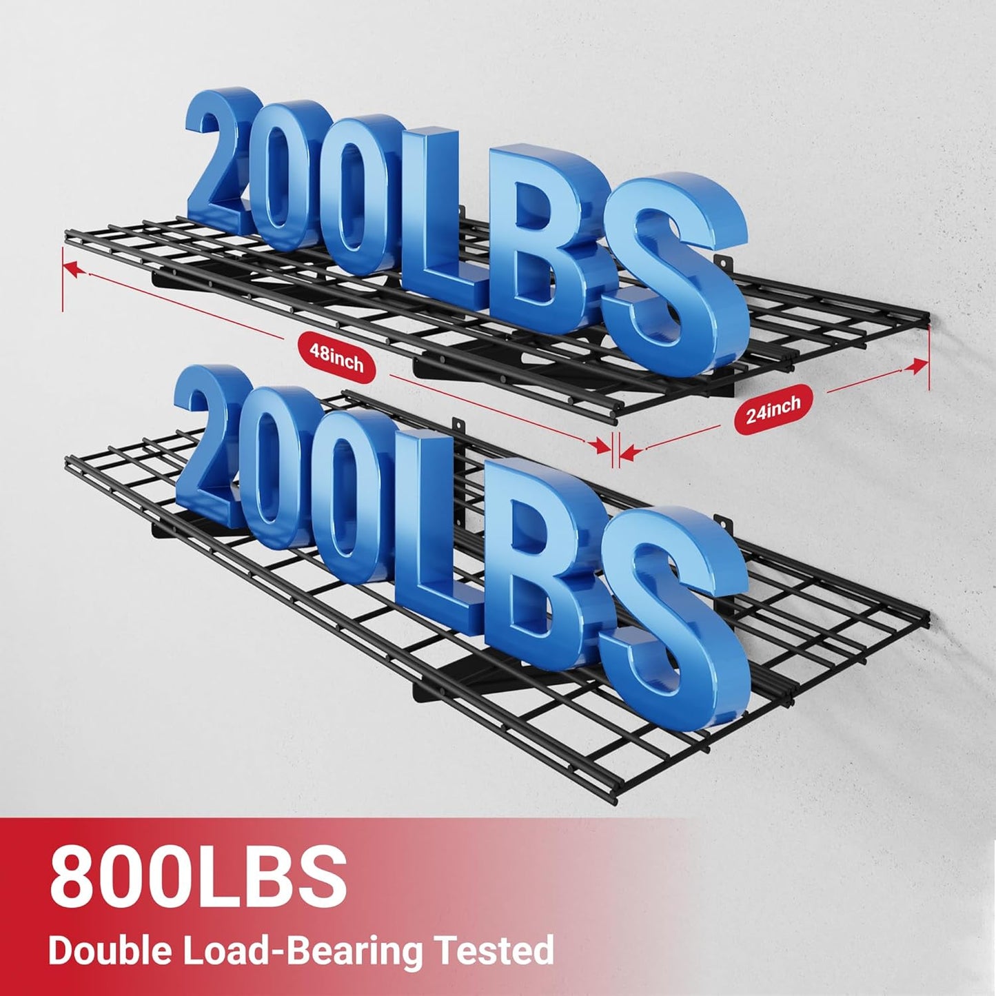 FLEXIMOUNTS 2-Pack 2x4ft Garage Shelving with Hooks, 24-inch-by-48-inch Wall Shelf Garage Storage Racks Floating Shelves, Black