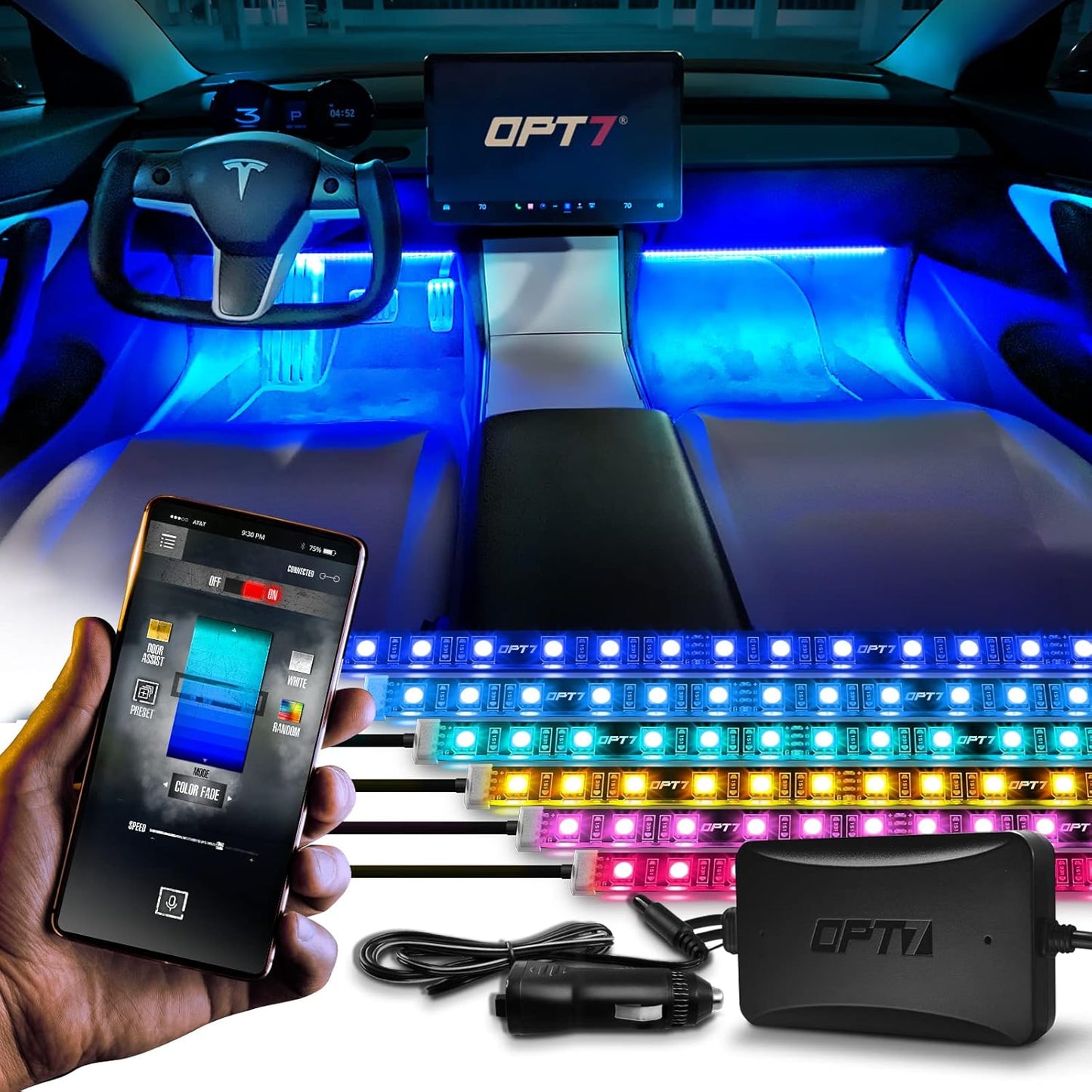 OPT7 Aura Pro 6PC Interior Lights for Truck SUV RV with App & Remote Control, Multicolor Mode, Music Sync Neon Accent Lighting Kit, Under Dash Decor, 12V Car Charger, Single Row LED Strip