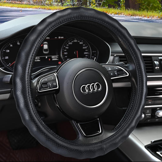Haokay Heavy Duty Pure Cowhide Steering Wheel Cover, Black Genuine Leather Steering Wheel Cover Men Women Comfort Finger Grips Universal 14.5 to 15 Inch