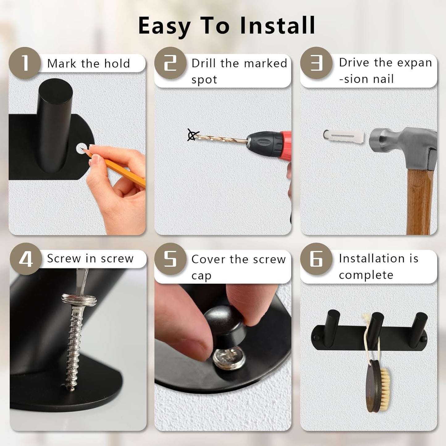 NINETREX Coat Rack Wall Mounted, Black Metal Coat Rack with 3 Coat Hooks Heavy Duty Coat Hanger Hooks Bag Hat Towel Rack for Entryway, Bathroom, Bedroom, Kitchen, and Hallway(Black,Round)