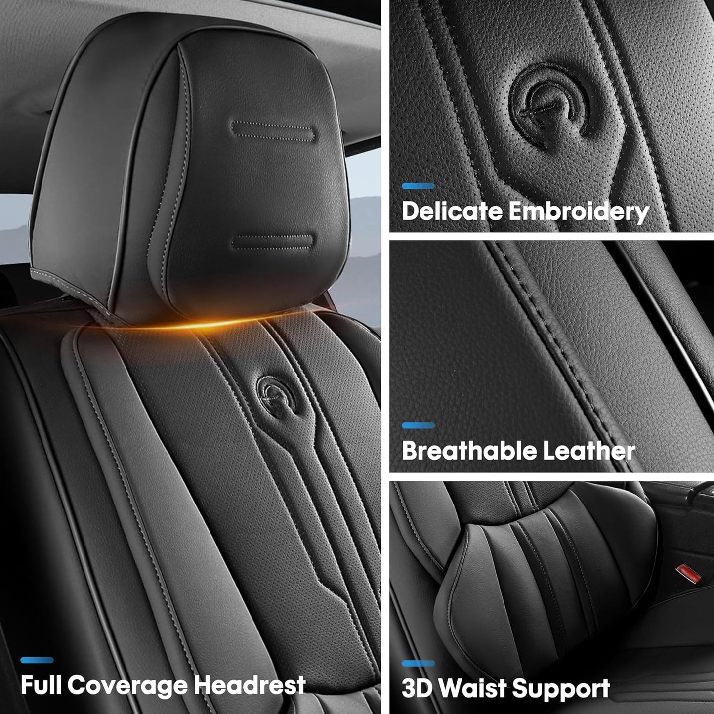AOOG Car Seat Covers Full Set, Leather Seat Covers for Car, Waterproof Car Seat Protector with Lumbar Support, Automotive Seat Covers Universal Fit for Most Cars SUV Trucks (Full Set, Black)