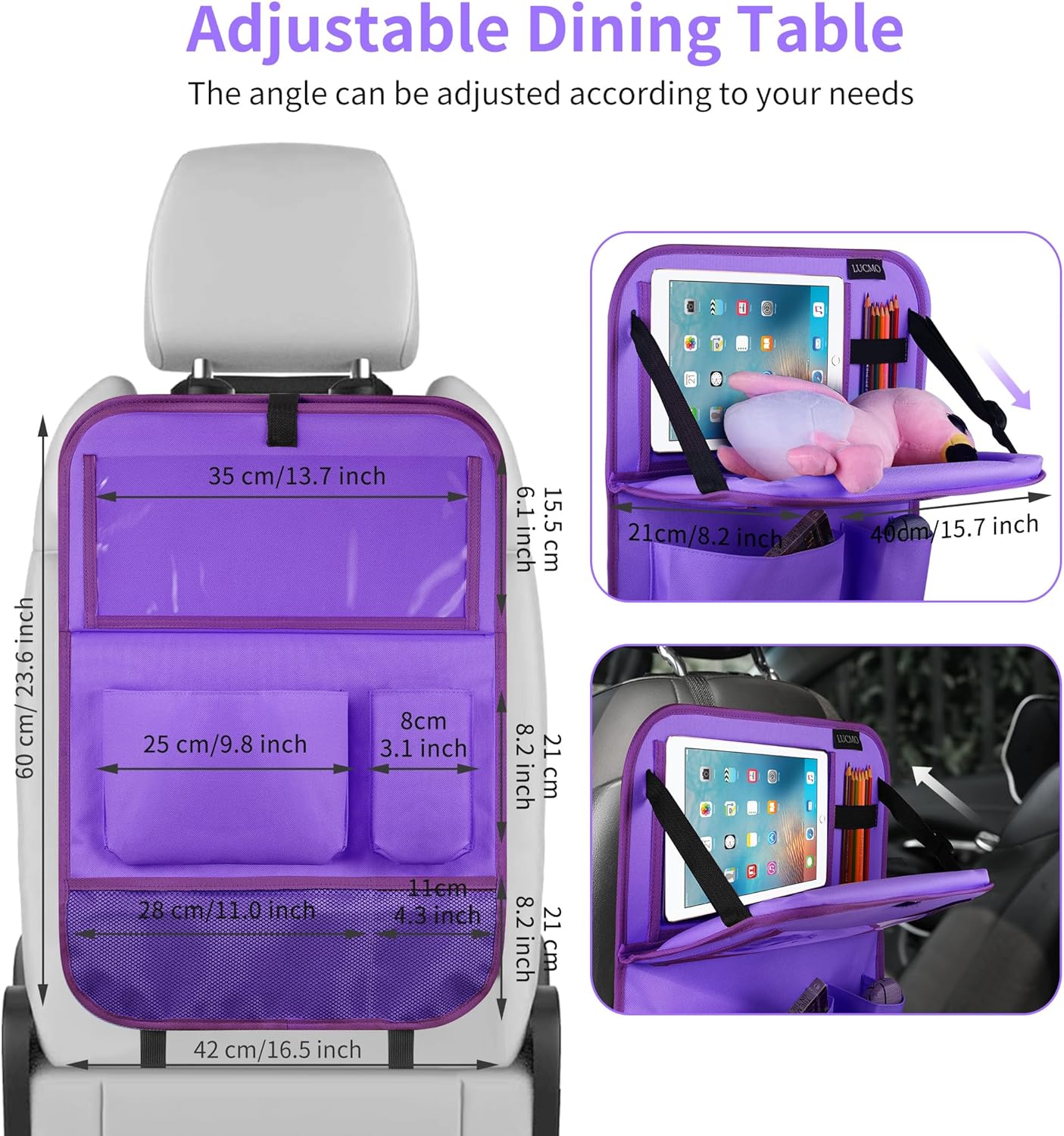 LUCMO Car Backseat Organizer with Tablet Holder,6 Storage Pockets Car Storage Organizer with Foldable Food Tray,Seat Protectors Kick Mats Travel Accessories-Dark Purple