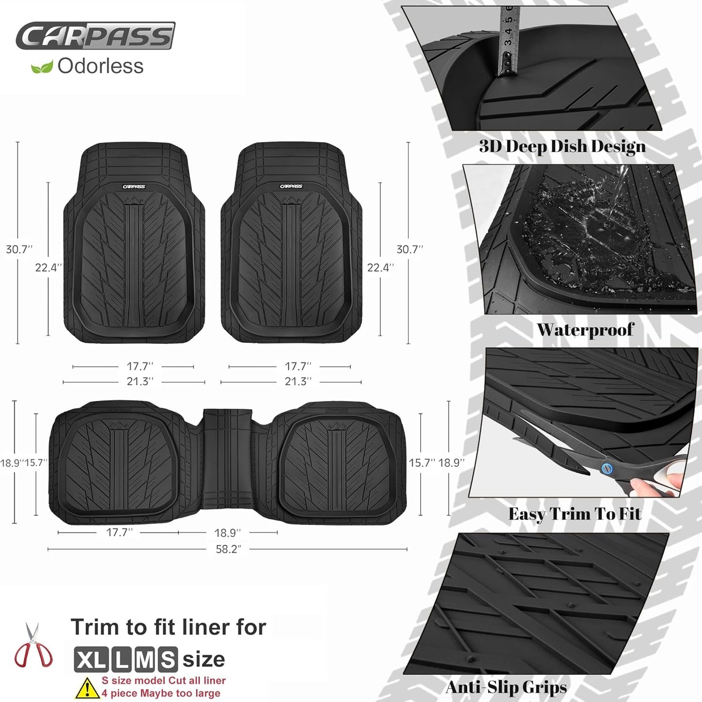 CAR PASS 3 Row Heavy Duty Rubber Car Mats, Deep-Dish All-Weather Floor Mats for 7 Seats 8 Seater 2nd & 3rd, Waterproof Universal Trim to Fit Liner Van,SUV,MPV,7 Passengers Vehicle,(Black 3 Row)