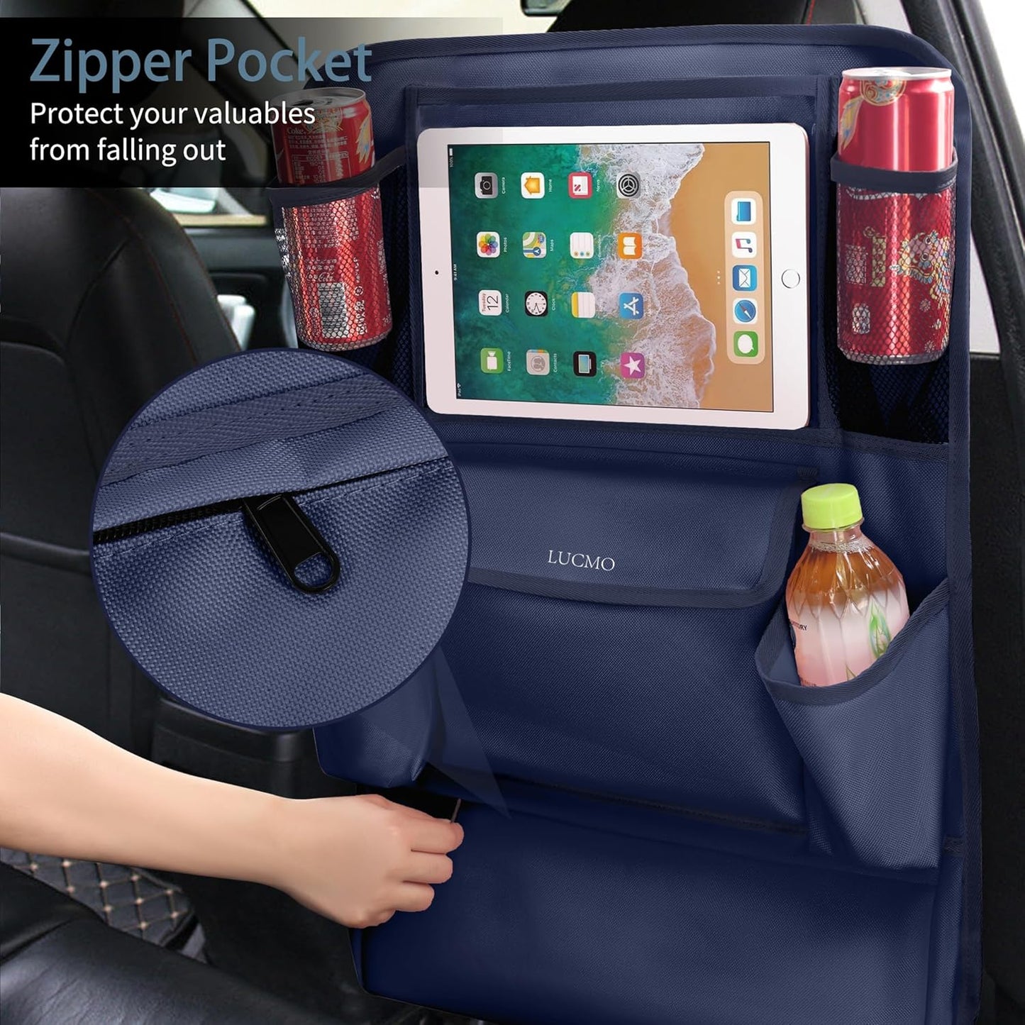 LUCMO Car Backseat Organizer with Touch Screen Tablet Holder,9 Storage Pockets Car Storage Organizer,Protectors Kick Mats Travel Accessories for Kids-Dark Blue