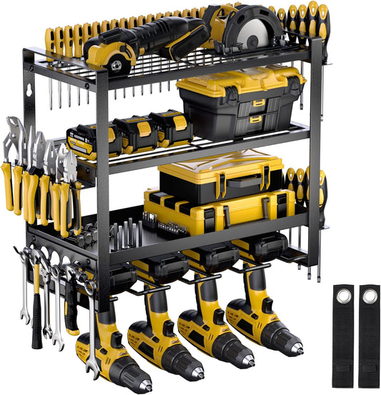 Power Tool Organizer Wall Mount, 4 Layer Drill Holder Wall Mount, Heavy Duty Metal Tool Shelf, Garage Tool Organizers and Storage Rack,Utility Storage Rack for Cordless Drill Charging Station-Black