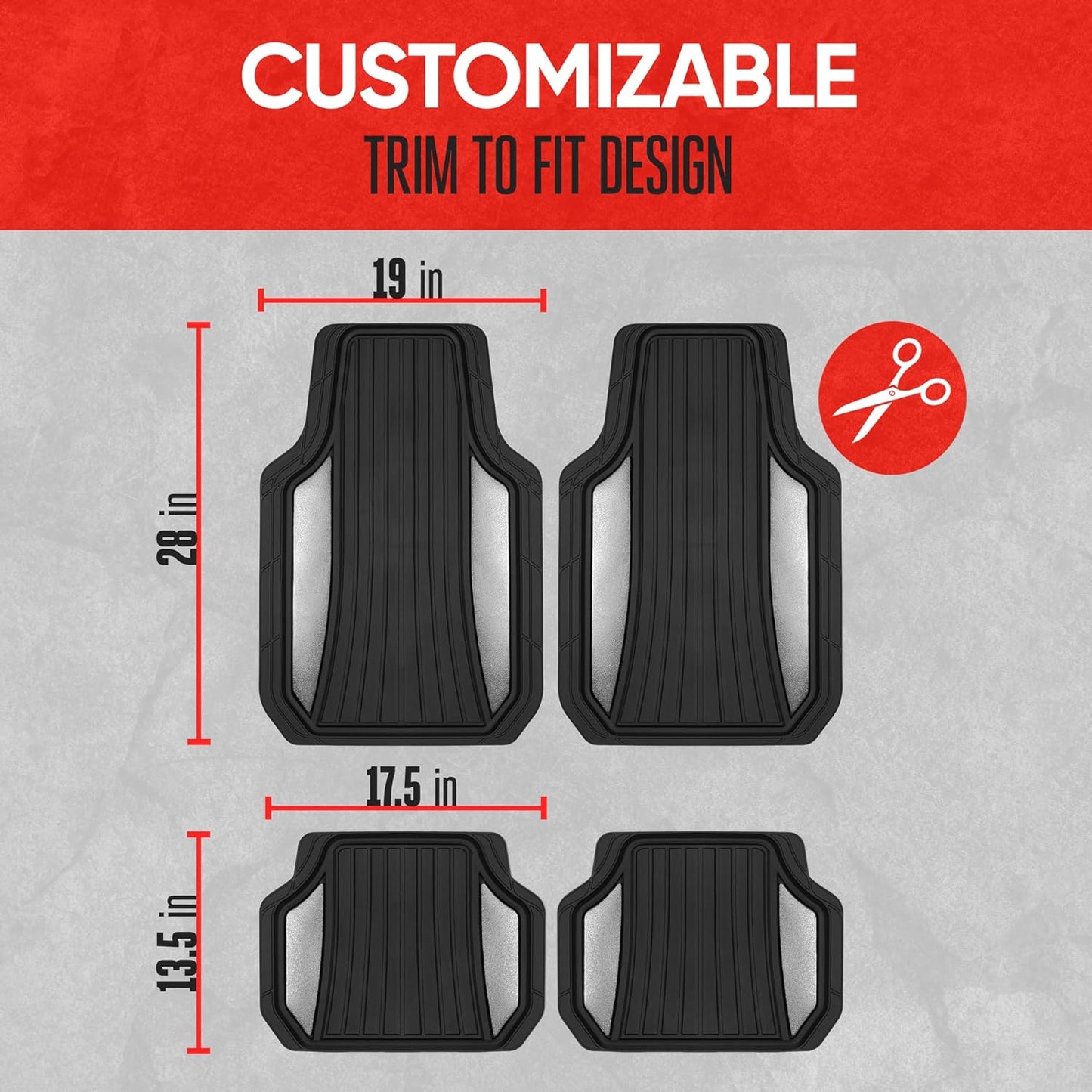 Motor Trend ChromeTech Car Floor Mats Full Set - Durable Rubber Floor Mats for Cars with Two Tone Accent, All Weather Interior Protection for Front and Rear with Non-Slip Backing, Silver Chrome