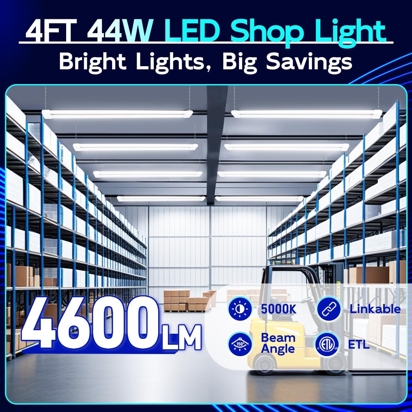 hykolity 4 Pack Linkable LED Shop Light, 4FT 44W [300W Equivalent], 4600lm, 5000K Daylight, Plug-in Utility Light Fixture, Hanging or Surface Mount, White - Energy Efficient Lighting Solution