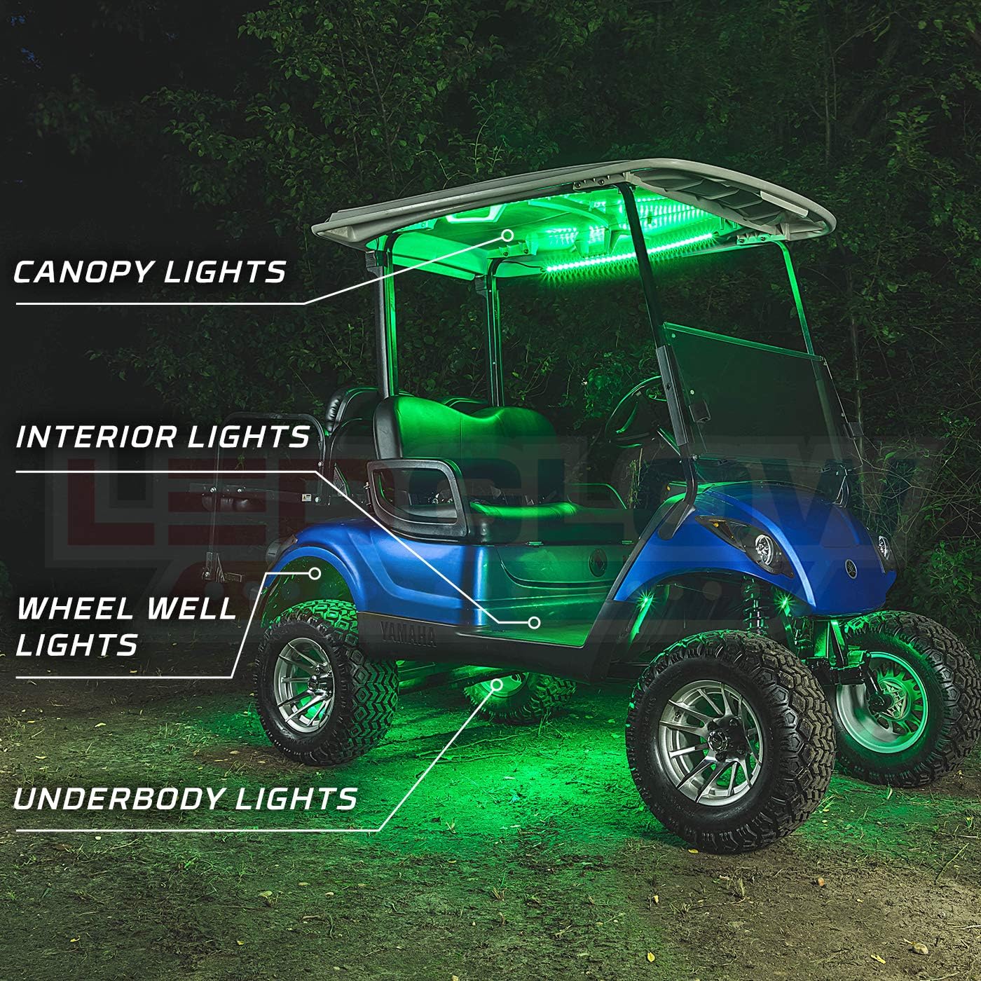 LEDGlow 12pc Million Color LED 4-Seater Golf Cart Underglow Neon Kit with Canopy, Wheel Well & Interior Lights Fits EZGO, Yamaha, Club Car, ICON, Evolution, Tomblerin, Star EV - for 12-Volt Battery