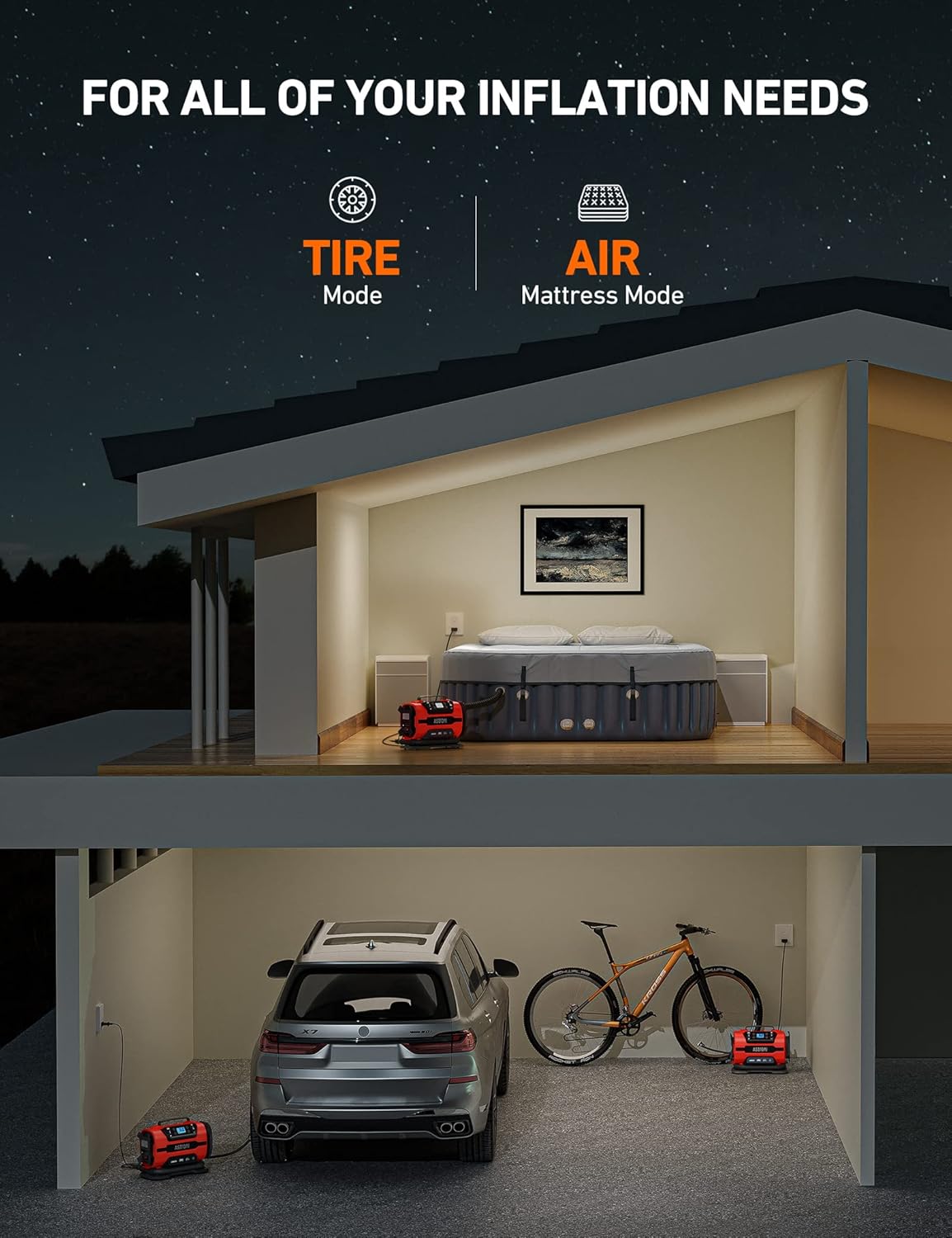 AstroAI Tire Inflator Portable Air Compressor Pump 150PSI 12V DC/110V AC with Dual Metal Motors &LED Light， Automotive Car Accessories&Two mode for car, bicycle tires and air mattresses, Red