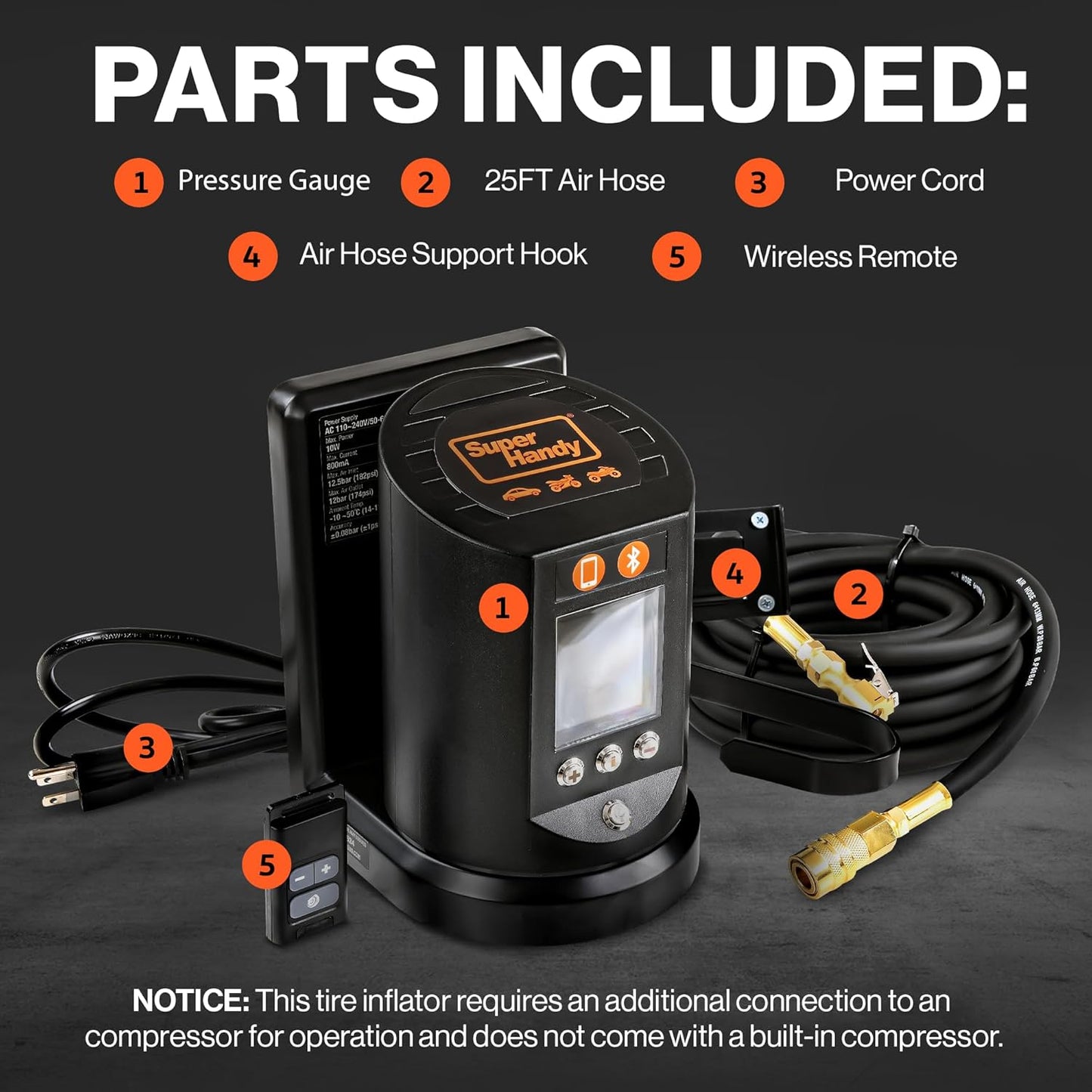 SuperHandy Automatic Tire Pressure Gauge - Wall Mountable, App/Bluetooth Control, High-Accuracy Digital Gauge, 25FT Air Hose, Ideal for Cars, Trucks, ATVs, and More