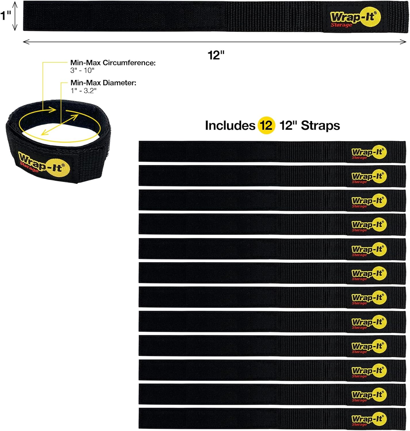 Quick-Straps by Wrap-It Storage – 12” (12-Pack) Black - Hook and Loop Cord Wraps for Cable Storage and Organization