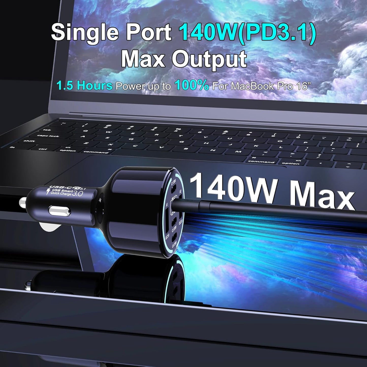 CHIPOFY 300W USB C Car Charger, 6 Ports (4 USB C + 2 USB A) - PD3.1 140W PPS 45W QC 60W Super Fast Charging Car Adapter for MacBook Laptop, iPhone 16 15 Pro Max, iPad, Galaxy S25/S24 Ultra etc