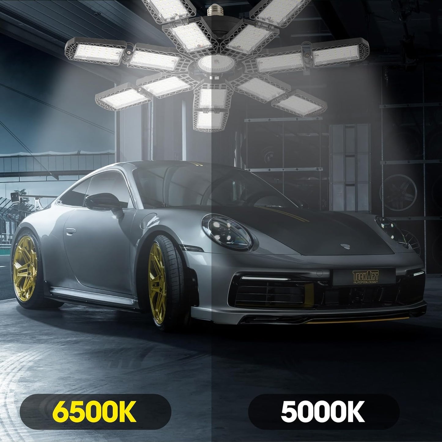 LED Garage Light,Super Bright Screw in E26/E27 Ceiling Shop Work Lamp, 300W 30000 Lumen Deformable Basement Bulb Fixture with 14+1 Adjustable Panels, Lighting for Workshop, Attic