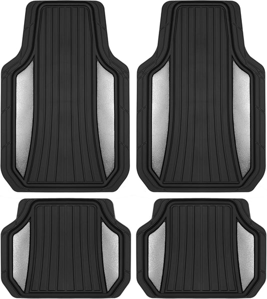 Motor Trend ChromeTech Car Floor Mats Full Set - Durable Rubber Floor Mats for Cars with Two Tone Accent, All Weather Interior Protection for Front and Rear with Non-Slip Backing, Silver Chrome