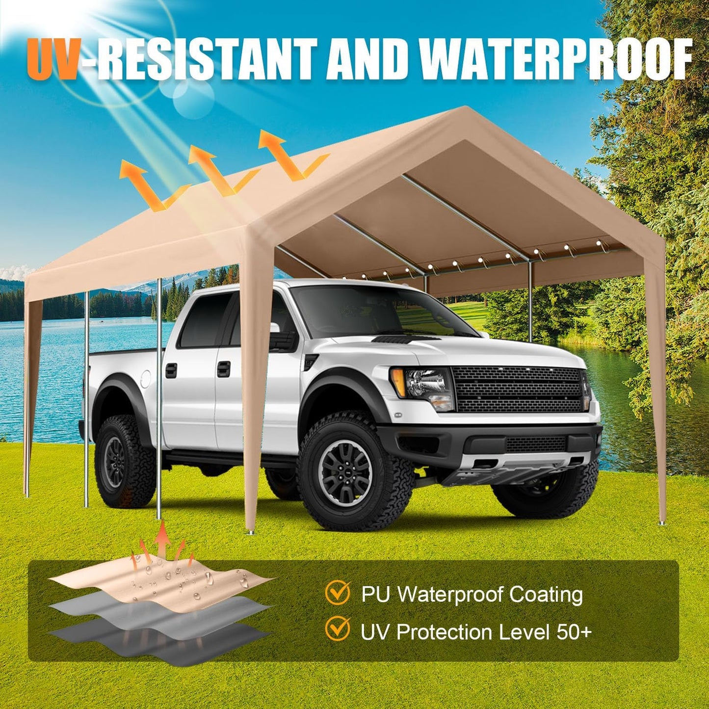 Carport Canopy 10'x20' Heavy Duty Replacement Cover, Beefull Carport Replacement Canopy for Car Garage, Waterproof & UV Protected Tarp with Ball Bungees, Beige(Frame is not Included)