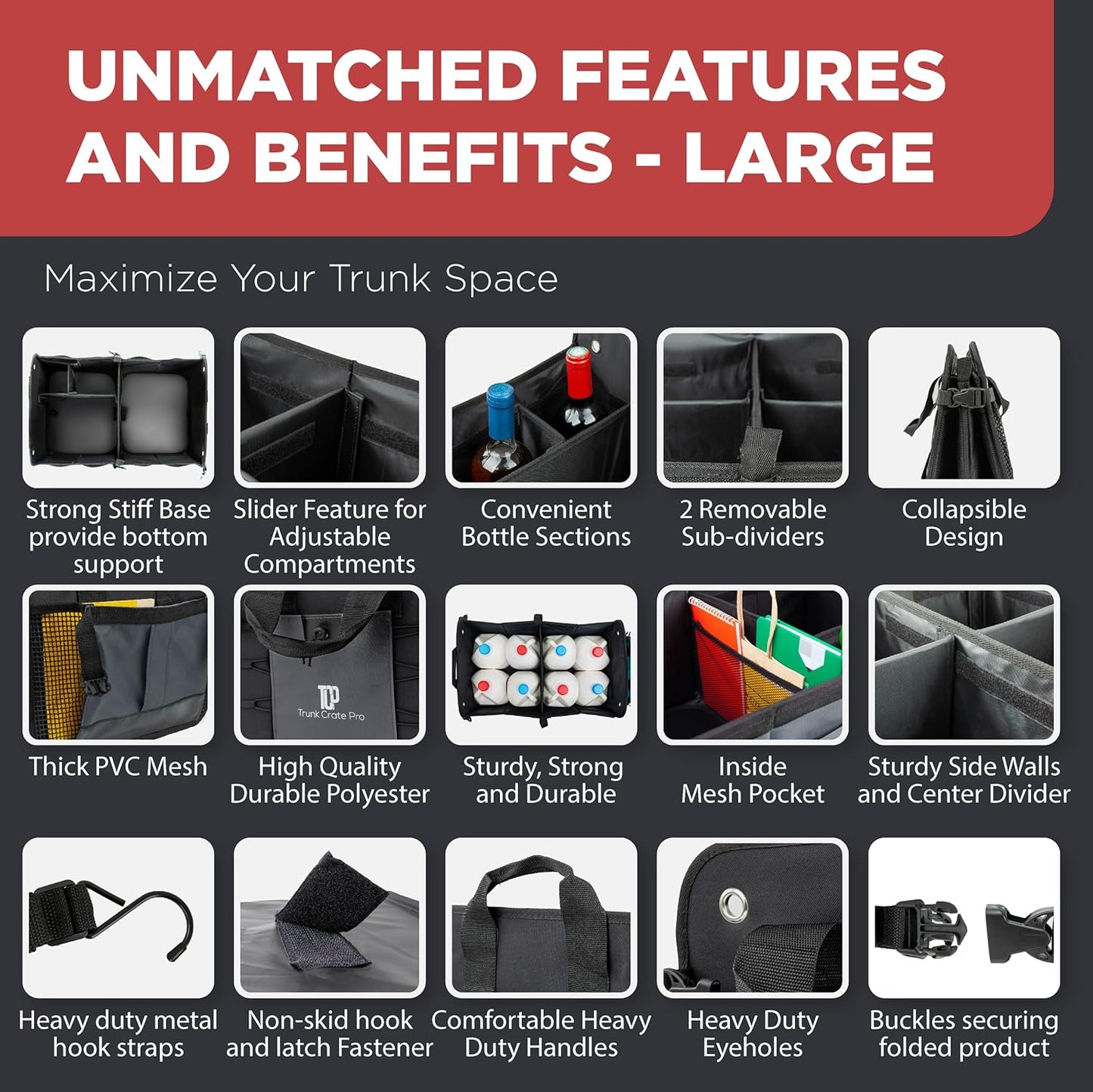 TRUNKCRATEPRO Trunk Organizer For Car, Suv, Truck | Premium Adjustable Multi Compartments Collapsible Car Trunk Organizer With Securing Straps & Non-Slip Bottom (Large Size, Grey)