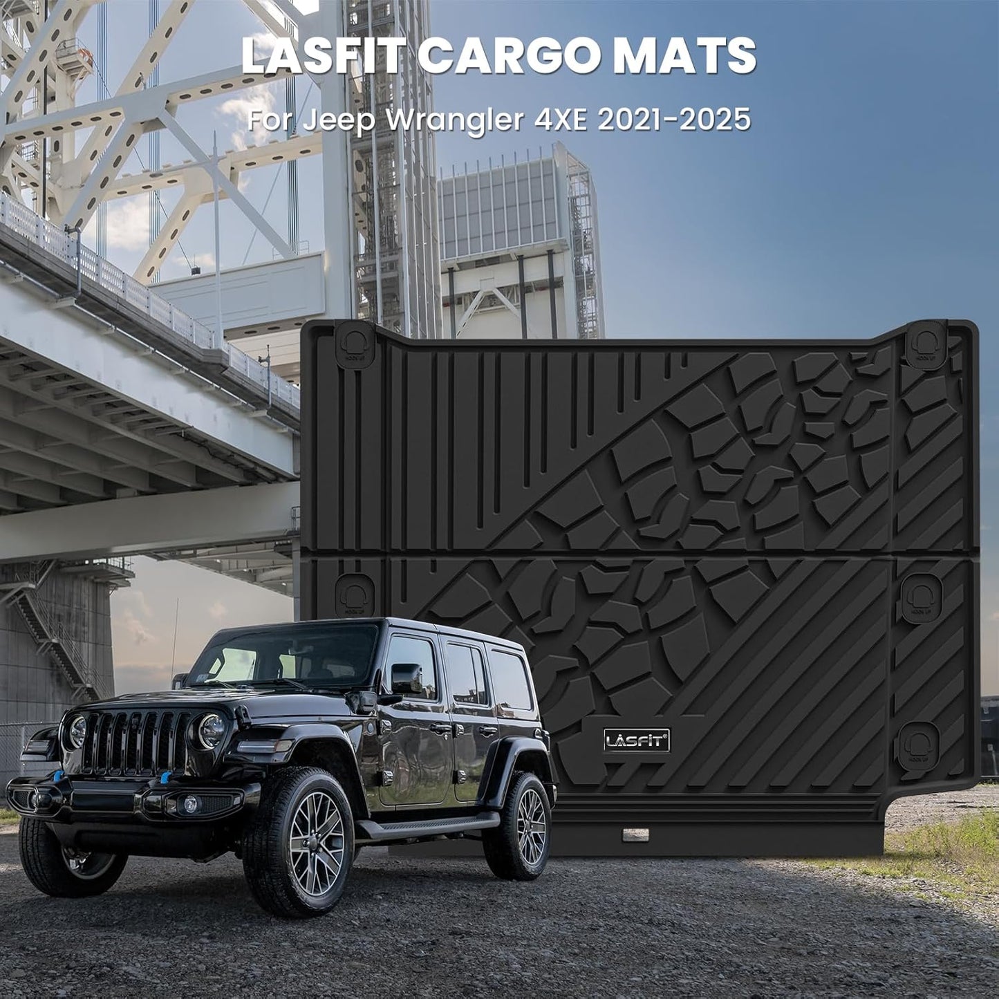 LASFIT Trunk Mat for Jeep Wrangler Unlimited 4XE 2021-2024 2025 4 Door with Subwoofer, Plug-in Hybrid EV-Gas (PHEV), All Weather TPE Custom Fit Cargo Mat Trunk Liner Cargo Liner, Black