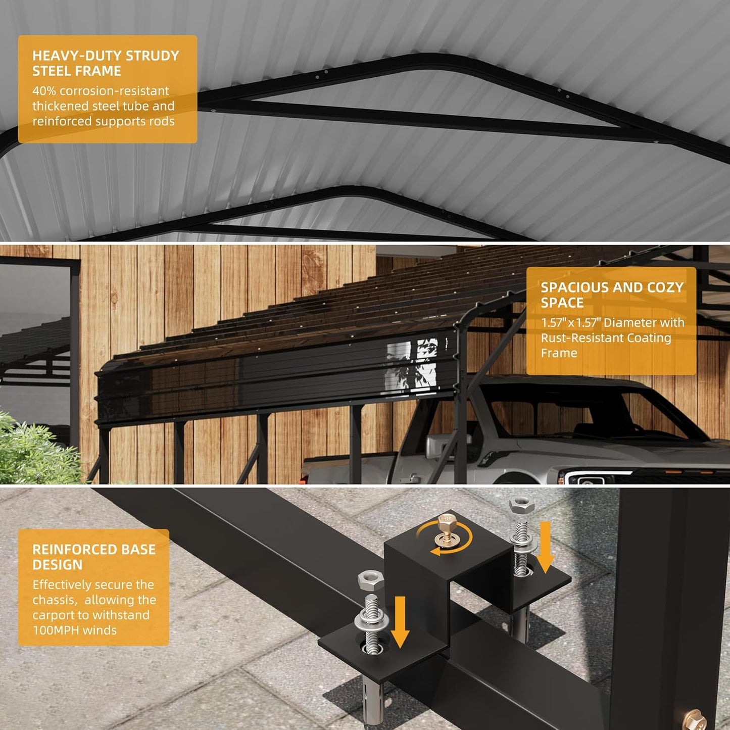 20x20FT Metal Carport Kits with Galvanized Steel Roof, Heavy Duty Metal Roof Carport with Enhanced Base, Tall MetalCarport Kits Garage for Tractors, Pickup, Boat, Car