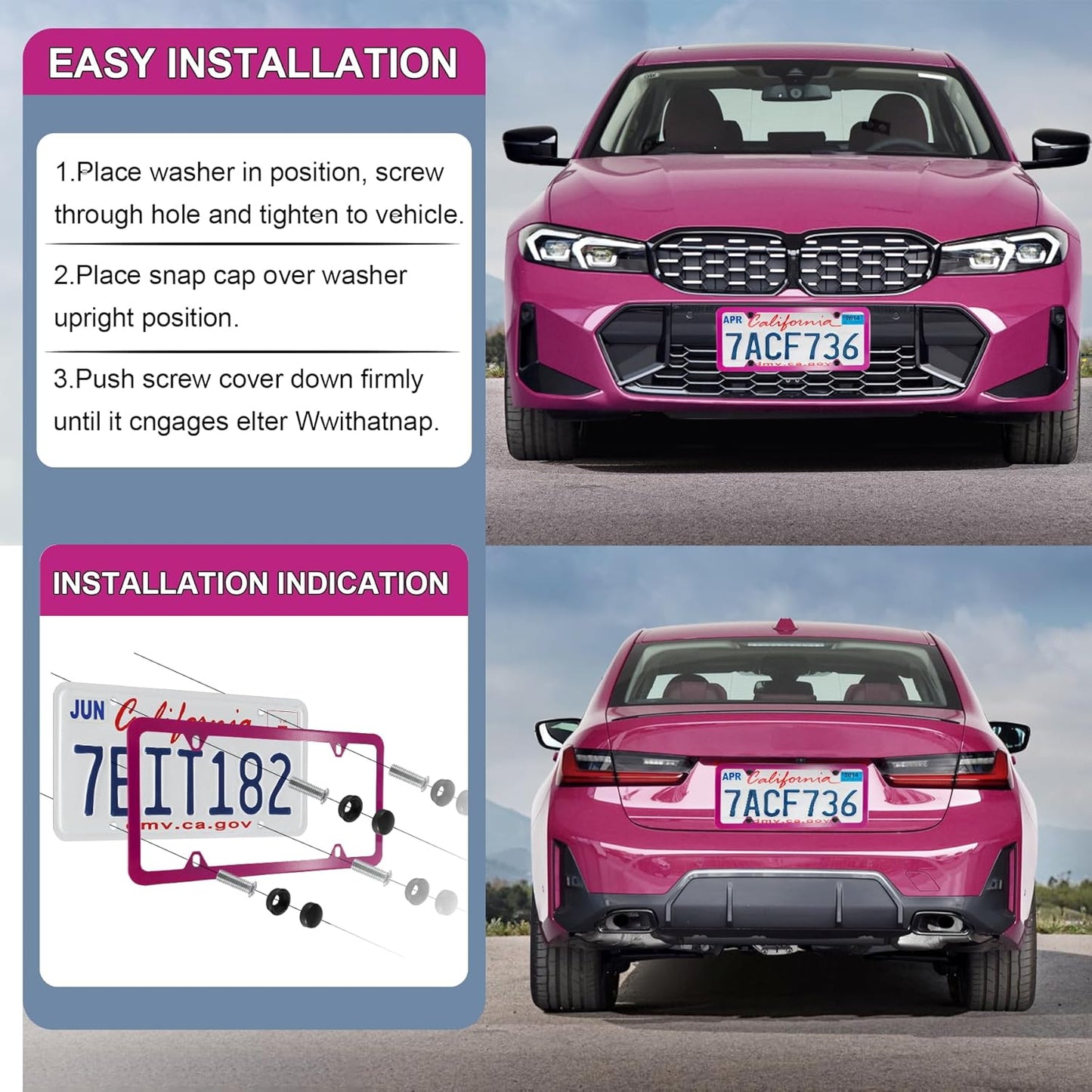 LivTee 4 Holes Stainless Steel License Plate Frames, 2 PCS Car Licence Plate Covers, Automotive Exterior Accessories Slim Design with Bolts Washer Caps for US Vehicles, Hot Pink