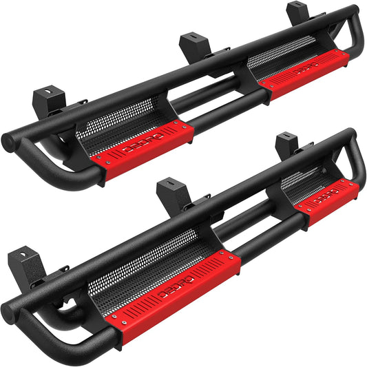 oEdRo 6 inch Running Boards Compatible with 2018-2025 Jeep Wrangler JL Unlimited 4 Door, Bolt-on Drop Side Steps Rails, Powder Coated Black and High Gloss Red Nerf Bar