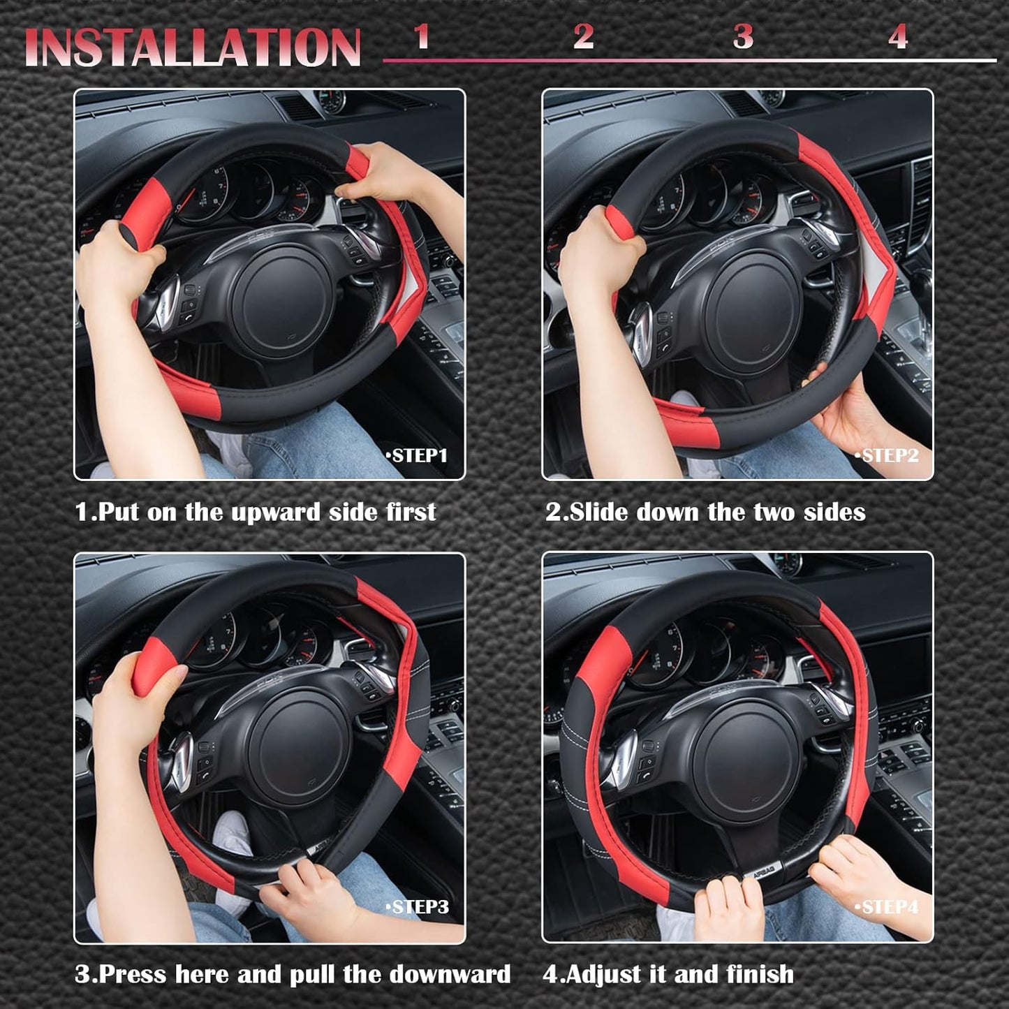 CAR PASS Line Rider Microfiber Leather Sporty Steering Wheel Cover Universal Fits for 95% Truck,SUV,Cars,14.5-15inch Anti-Slip Safety Comfortable Desgin (Black-Red)