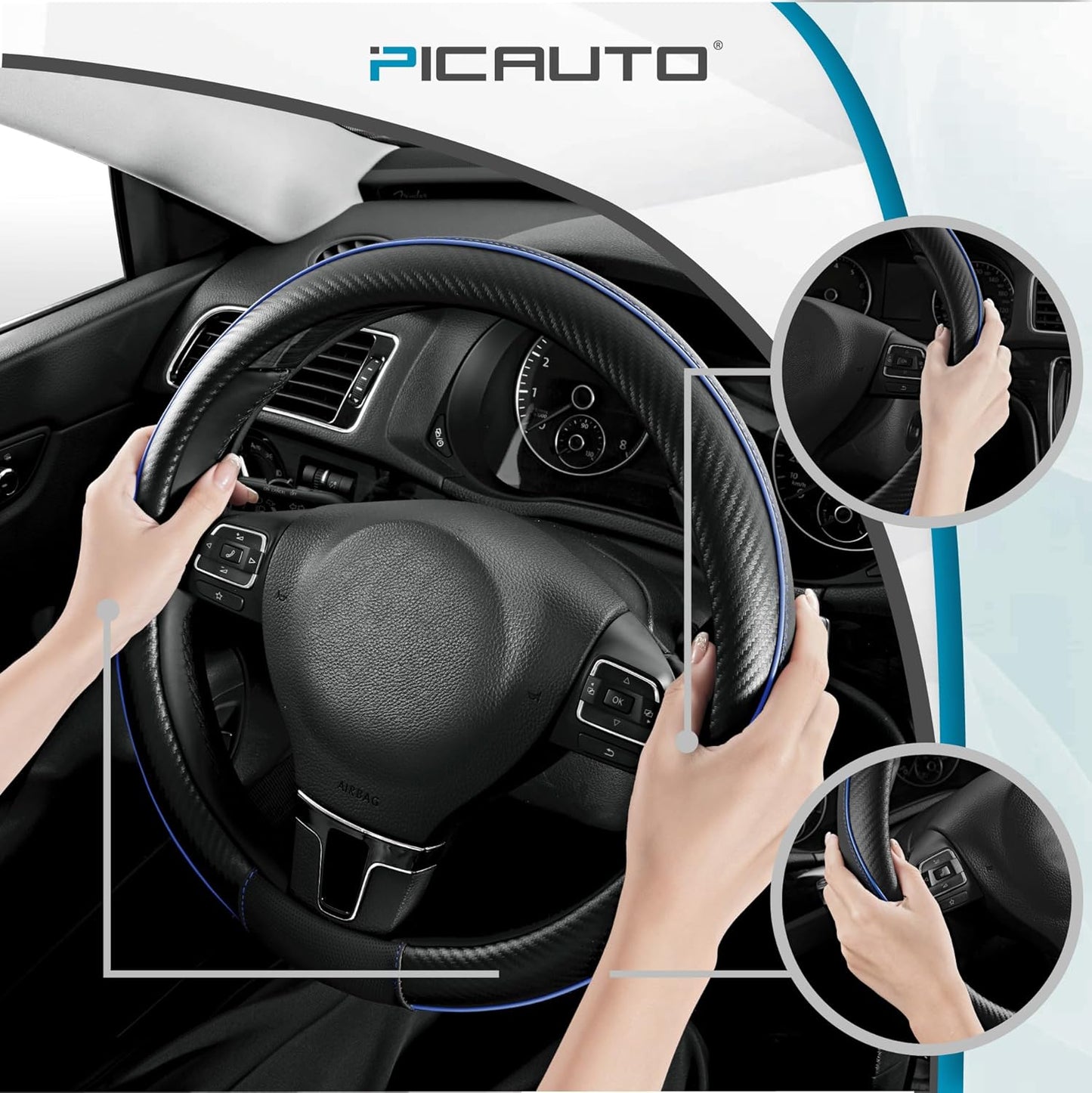 PIC AUTO Steering Wheel Cover, Blue Piping Leather, Sports Carbon Fiber and Super Breathable Leather, Universal 14.5-15.5 Inch Anti-Slip Steering Wheels Accessories for Men & Women