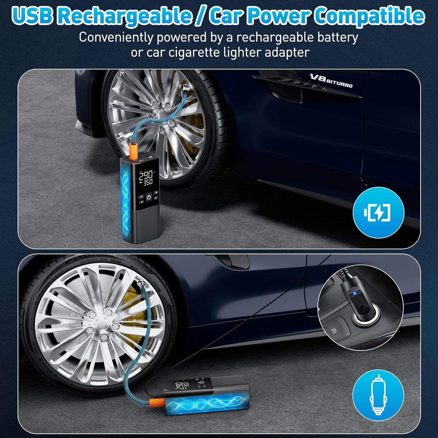 Tire Inflator Portable Air Compressor – Dual Power Mode, Built-in Battery & 12V Car Plug | Fast Inflation, Auto Shut-Off, Dual Pressure Display & LED Light for Cars, Motorcycles, Gifts for Men