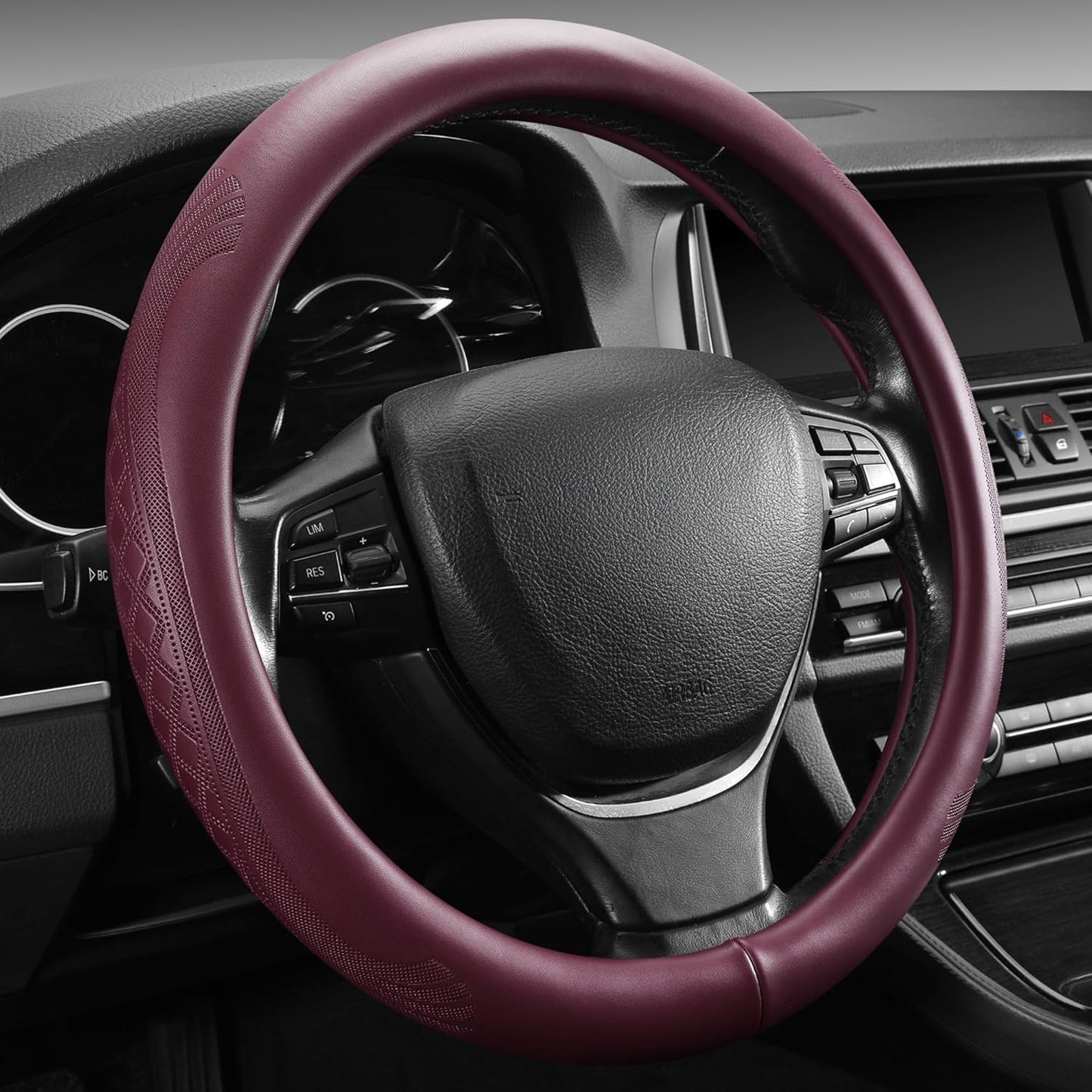 【2025 Model】 High-Grade Real Cowhide Steering Wheel Cover for Men Women，Wine Red Genuine Leather Steering Wheel Cover for Cars,Universal 14.5-15 inch Steering Wheels,Grid & Square Motif