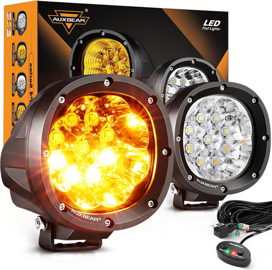 Auxbeam 6 Modes Amber White Round LED Pods, P4 Series 4 Inch 90W Flashing Offroad Strobe Lights, Dual Color Warning Off Road Fog Lights, 4x4 ATV Car Truck Spotlights, Pair
