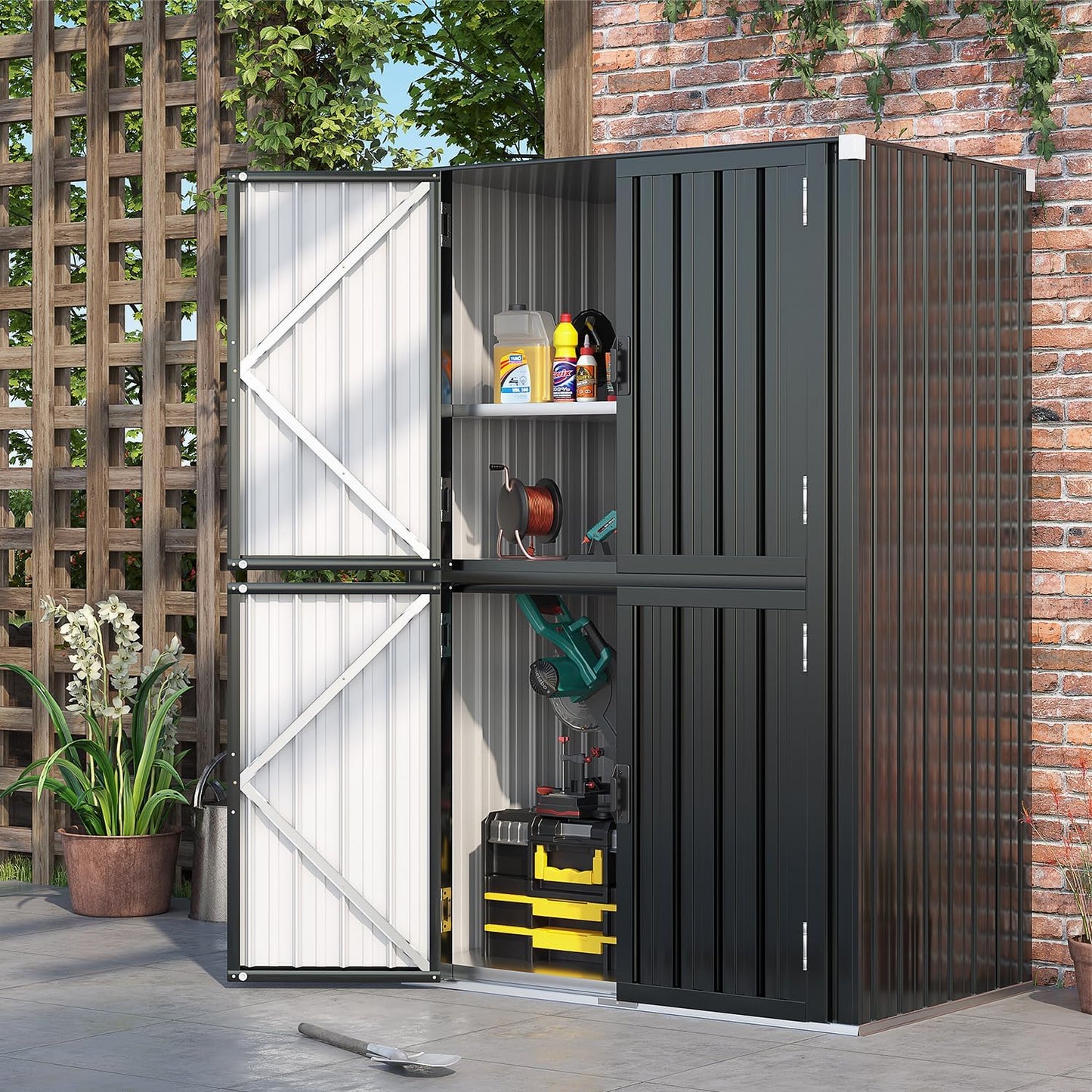 AECOJOY Outdoor Storage Cabinet Waterproof with Shelves, Dark Grey Lockable Vertical Outdoor Cabineyt, Large Storage Shed Tall Weatherproof Outdoor Cabinets Garden Sheds & Outdoor Storage Clearance