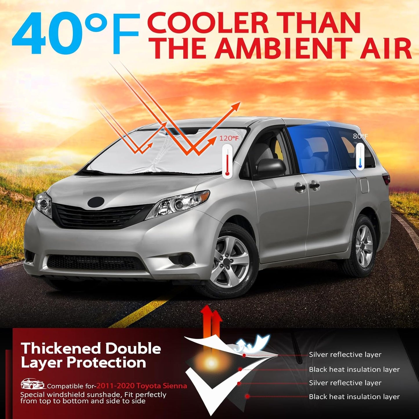 KAYZT Windshield Sun Shade for 2011-2020 Toyota Sienna Mini Van Foldable Sunshade Front Window Custom Fit Car Accessories