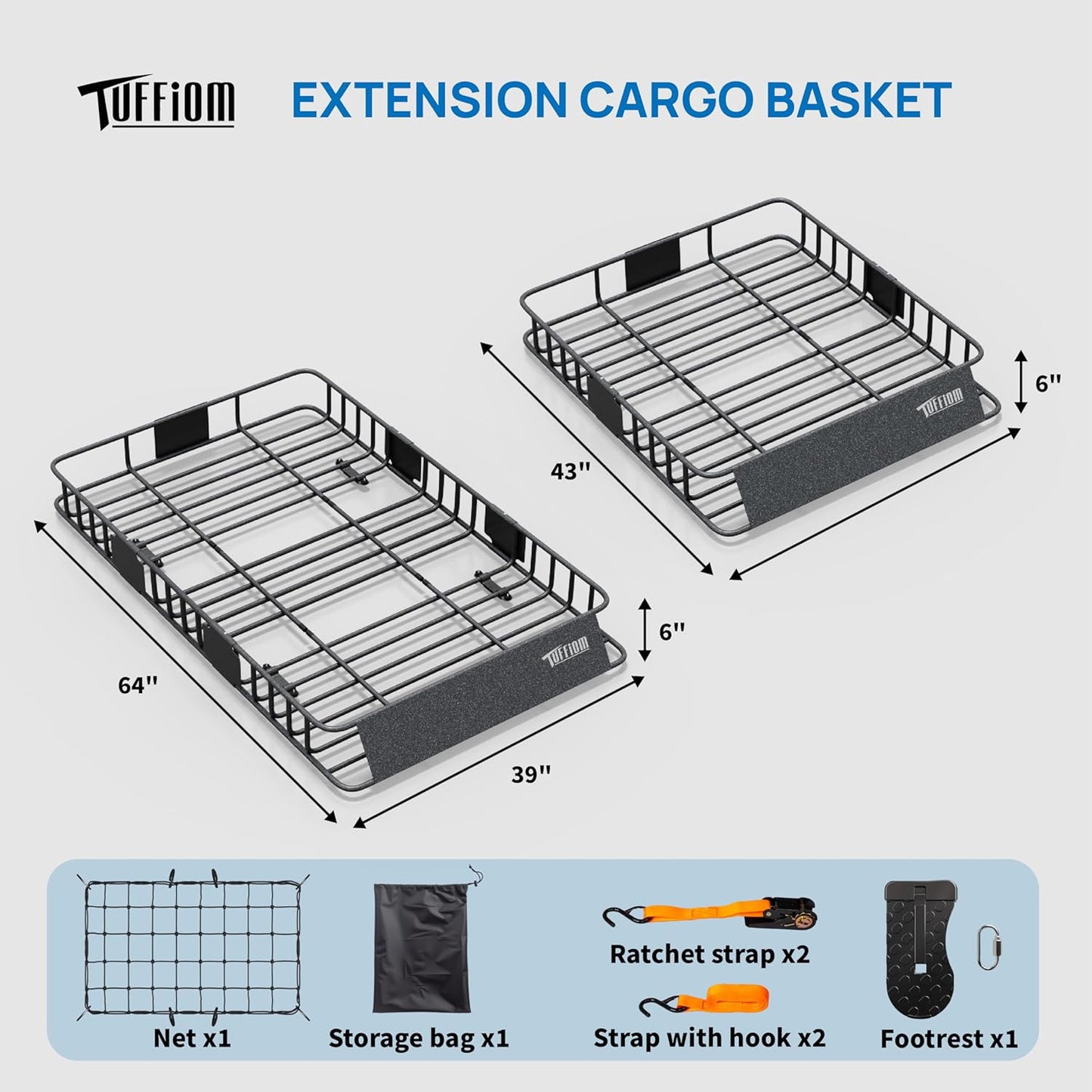 TUFFIOM 250lbs 64 x 39 x 6 inch Extendable Roof Top Cargo Carrier Basket w/Net+Storage Bag+Footrest+Straps, Heavy Duty Rooftop Luggage Holder Steel Rack for SUV Car Truck Van Travel Camping