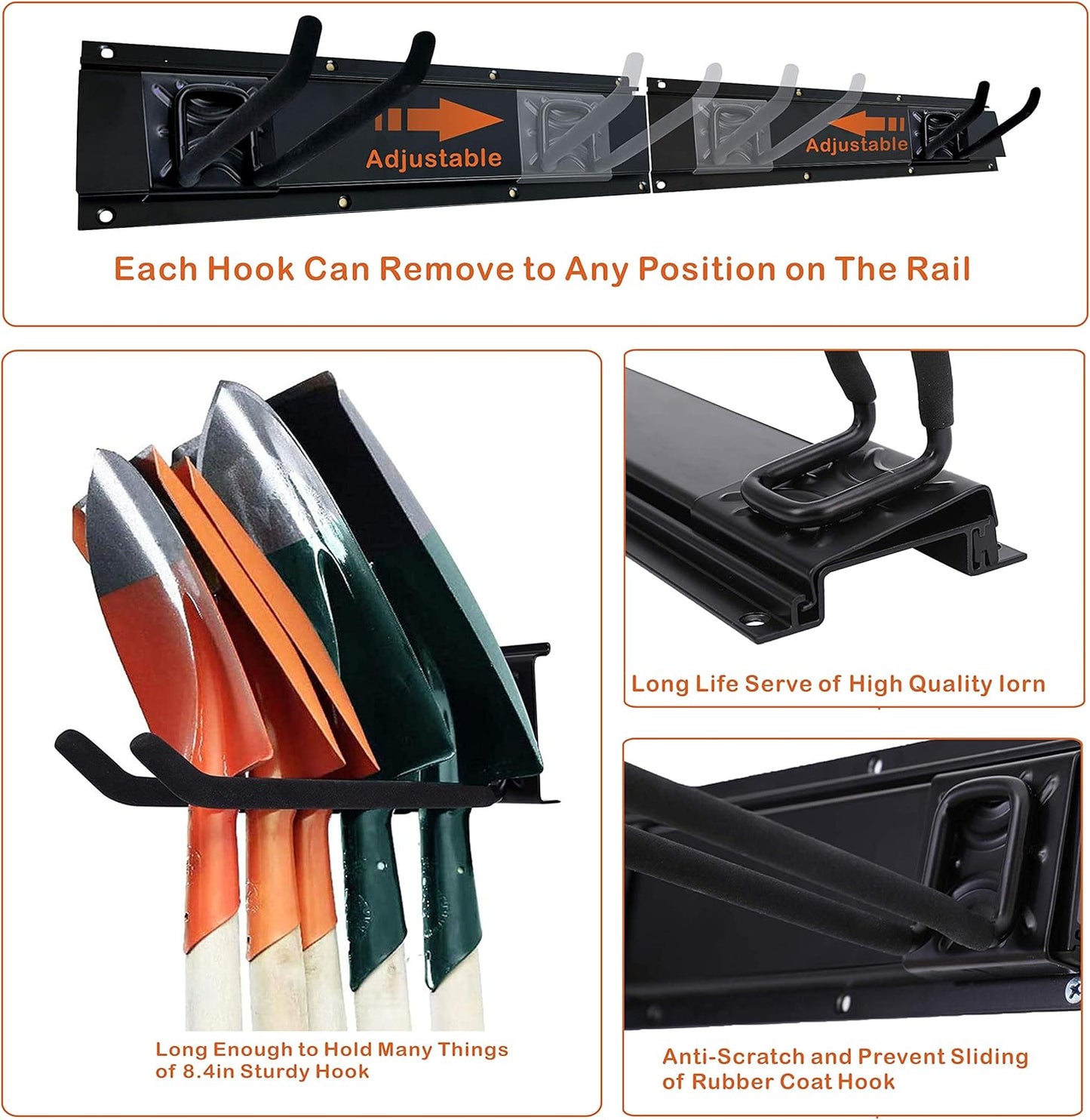 Garage Tool Storage Organizers Wall Mounted with 6 Removable Hooks and 3 Board, Super Heavy Duty Powder Coated Steel Garden Tool Hanger Rack for Chair, Broom, Mop, Rake Shovel & Tools