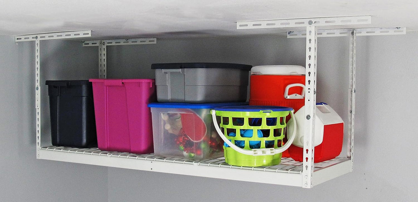 MonsterRax Overhead Garage Storage Rack 2 x 6 Ceiling Rack for Garage Shelving, Organization, & Storage, Adjustable Hanging Storage for Bikes, Equipment & Bins (White, 12"- 21" Ceiling Drop)