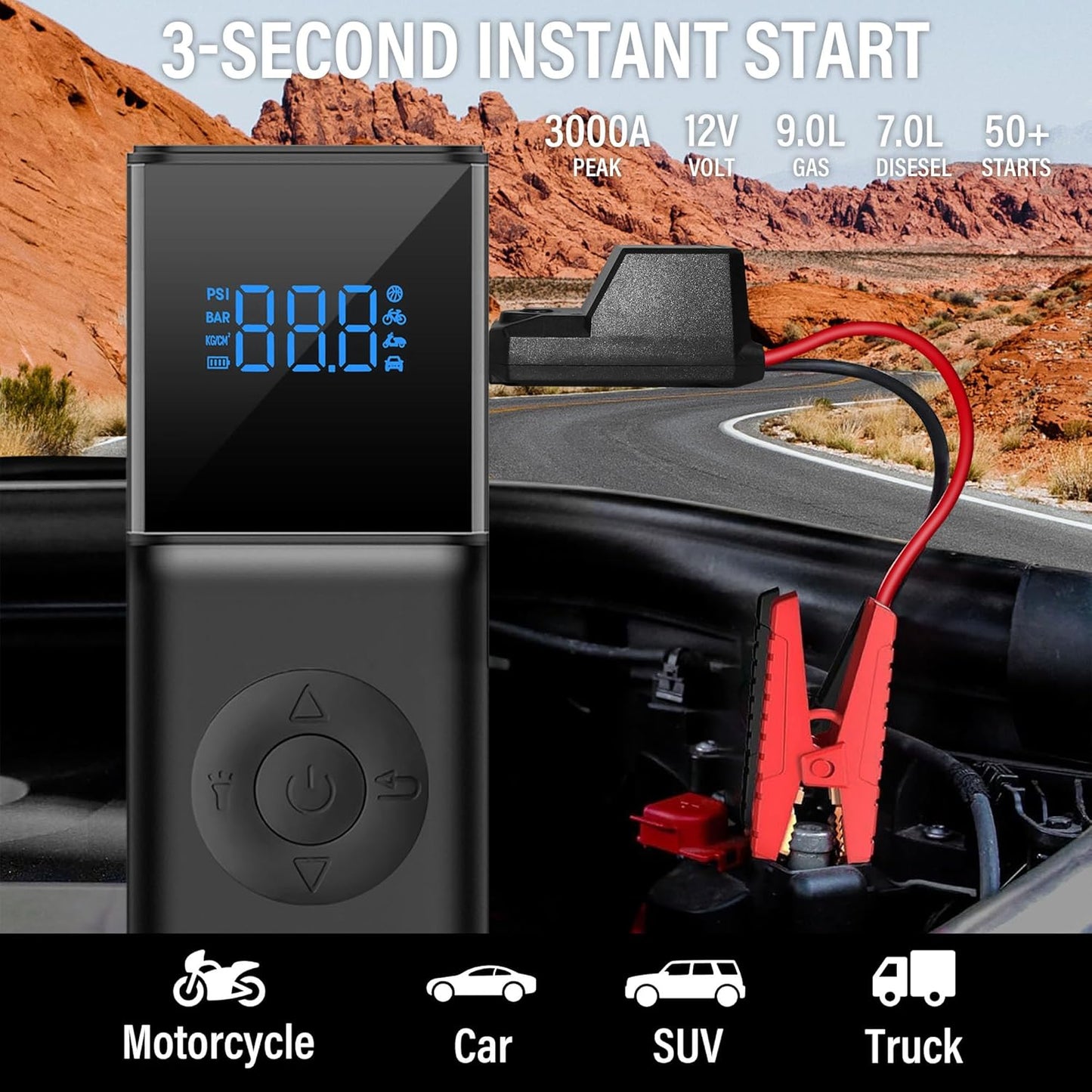 Car Jump Starter, 3000A Car Battery Jump Starter Pack for Up to 9.0L Gas and 7.0L Diesel Engines, 12V Auto Battery Booster, Portable Jump Box with LED Light & Jumper Cable (Black)