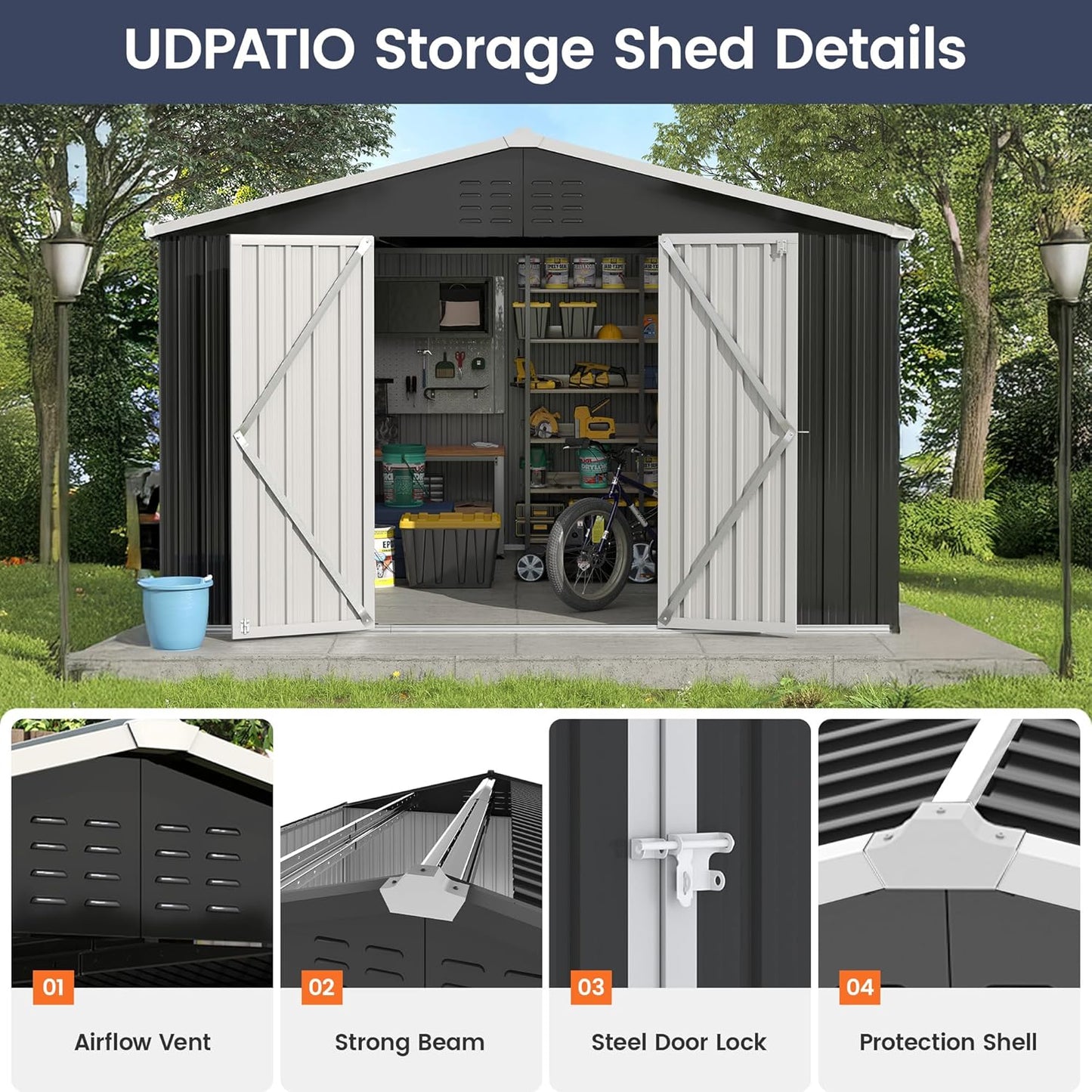 UDPATIO Outdoor Storage Shed 10x12 FT, Outside Sheds & Outdoor Storage Metal Galvanized Steel Yard, Patio, Lawn, Tool Shed with Lockable Door for Can, Bike, Lawnmower, Generator,Dark Grey