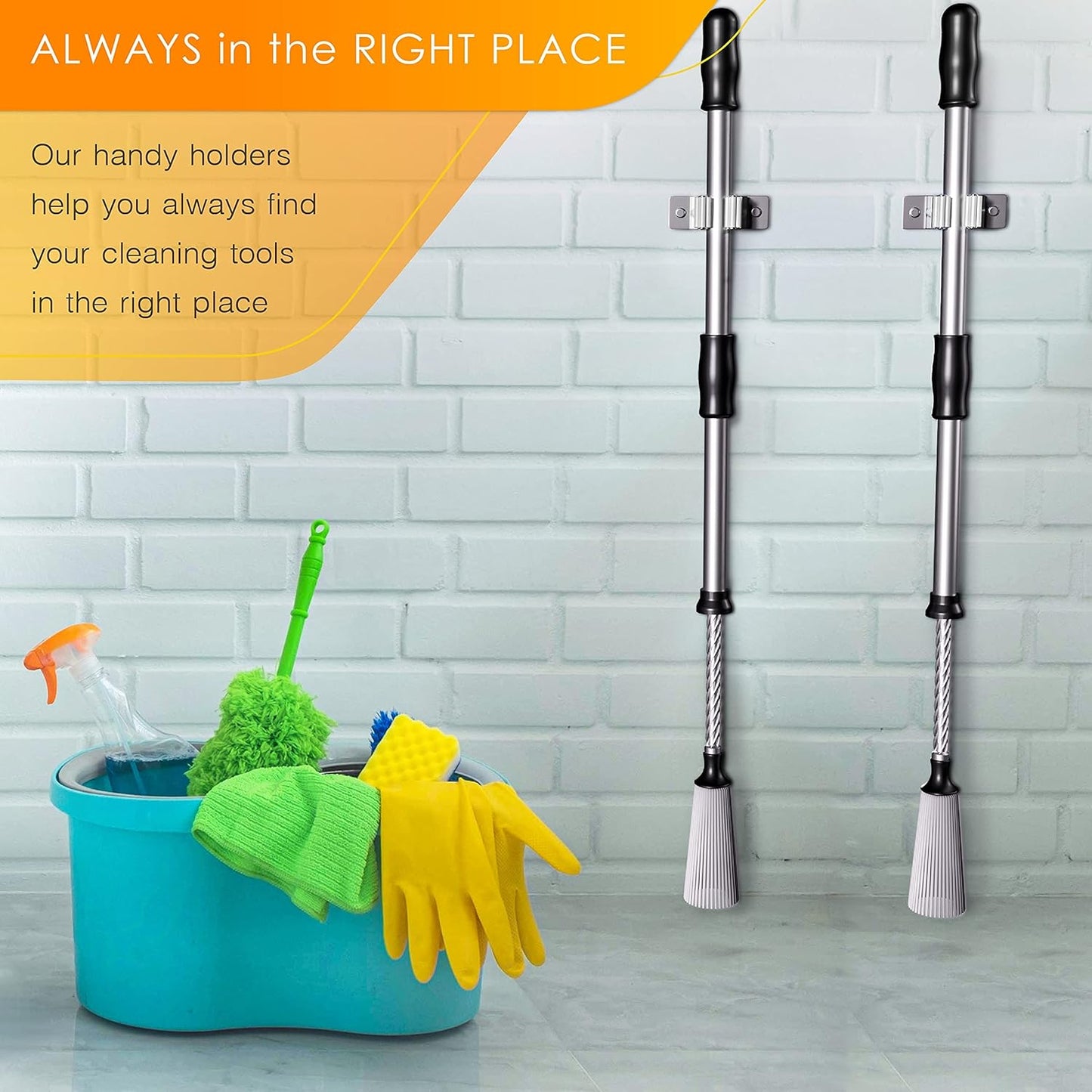 Self Adhesive Broom and Mop Holder Wall Mounted – SUS304 Stainless Steel 2-Slot Organizer with Anti-Slip Rubber Grips, 25lb Load, Adjustable for 0.6–1.4" Handles, Garage Kitchen Bathroom Use, 2 Pack