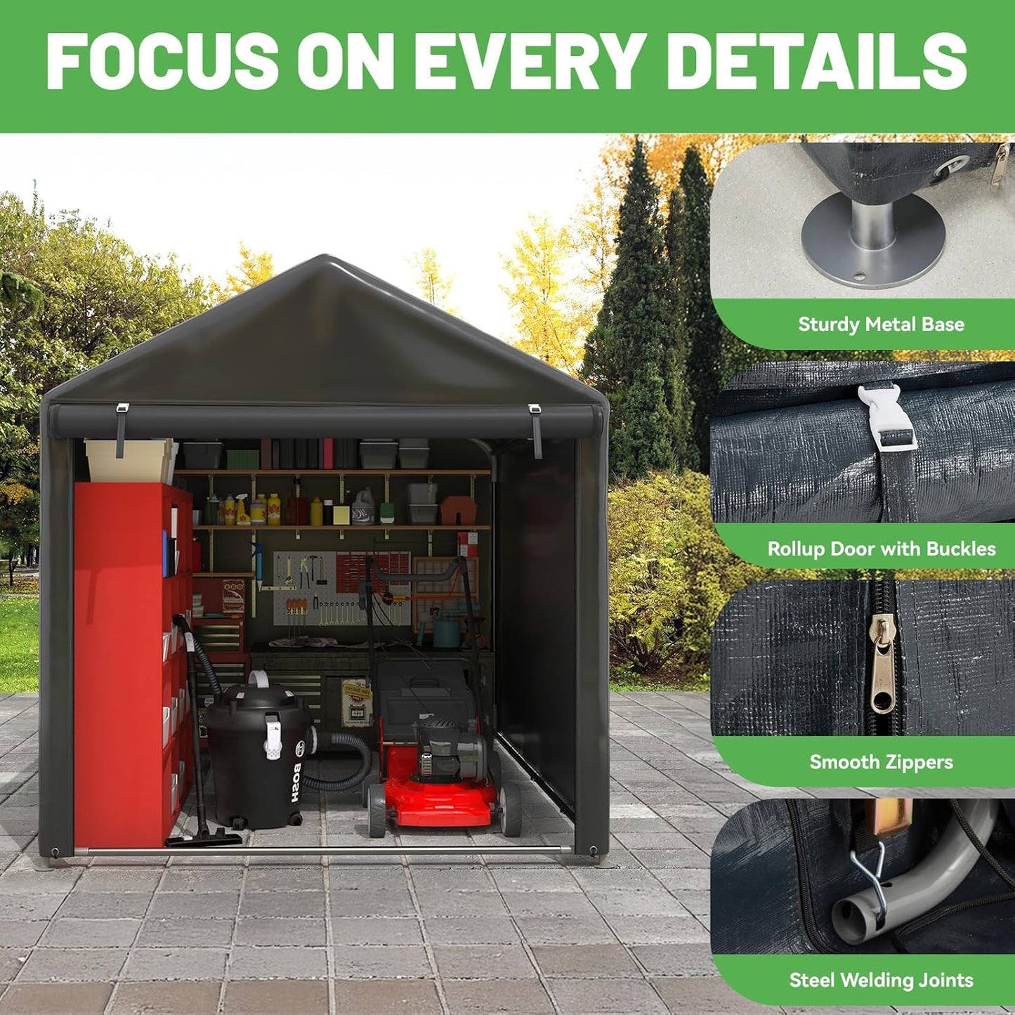 EROMMY 5x7 FT Carport Storage Shed, Heavy Duty Outdoor Storage Shed with Rolled up Zipper Door, Carport Canopy for Motorcycles, Bikes and Outdoor Tools