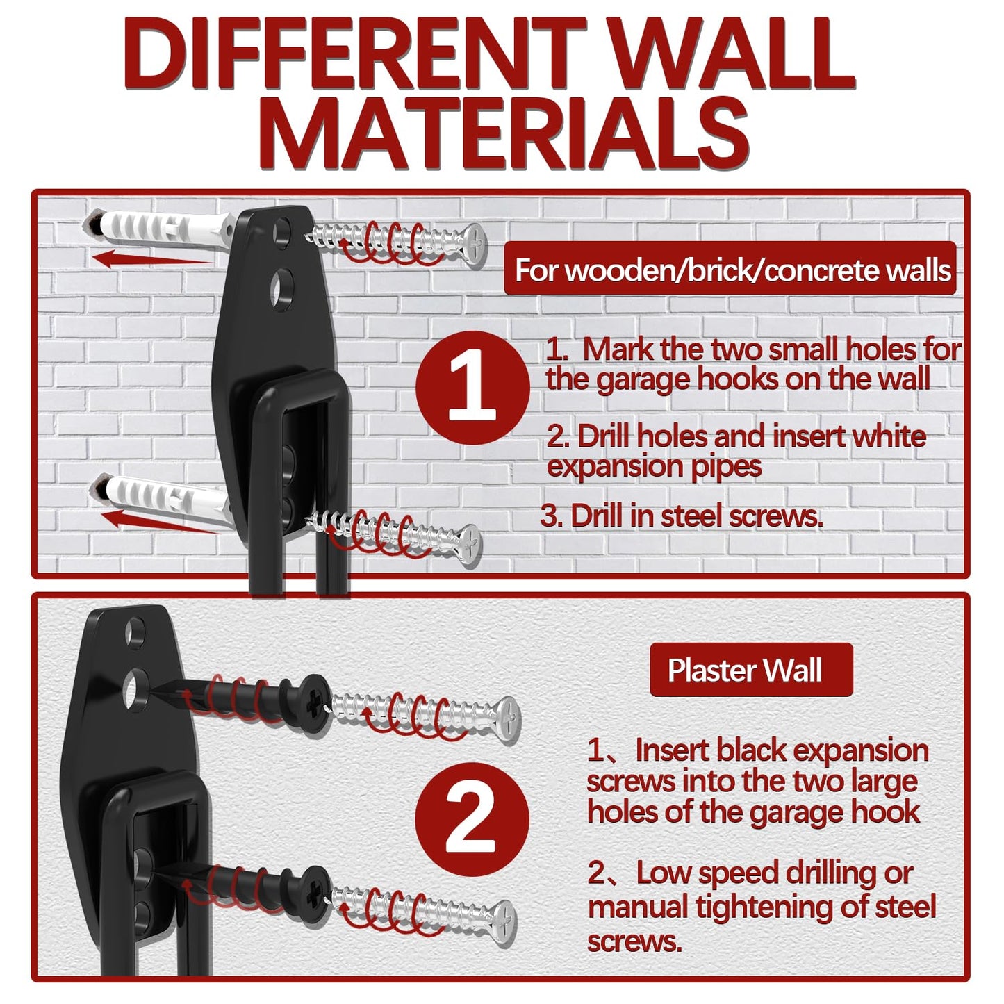 3-H Garage Wall Hooks 14 Pack,Garage Hooks Heavy Duty with Extra Welding Spots,Garage Hooks for Hanging,Garage Organizer for Garden,Lawn,Yard Tools,Chairs,Ladders,WeedEater,Shovel,Blower(Red)