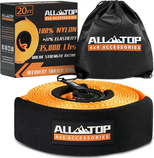 ALL-TOP Recovery Snatch Strap, 3in x 20ft - 35000Lbs, Heavy Duty 100% Nylon Kinetic Towing Recovery Strap with 22% Elongation & Reinforced Loops