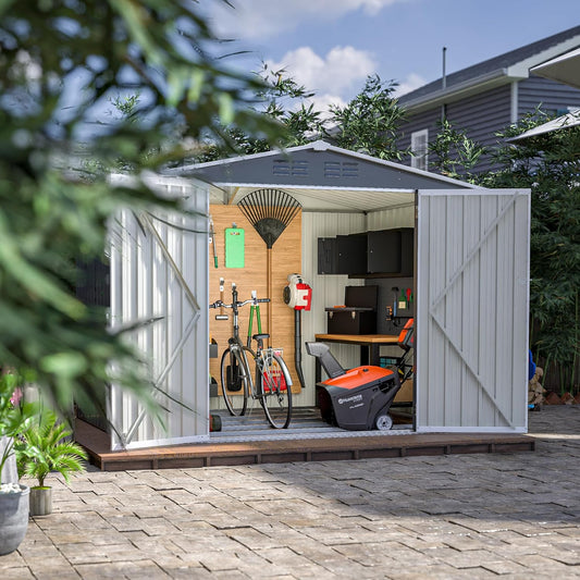 8x6 FT Outdoor Tool Storage Shed with Metal Foundation & Lockable Doors, All Weather Metal Sheds for Garden, Patio, Backyard, Lawn,