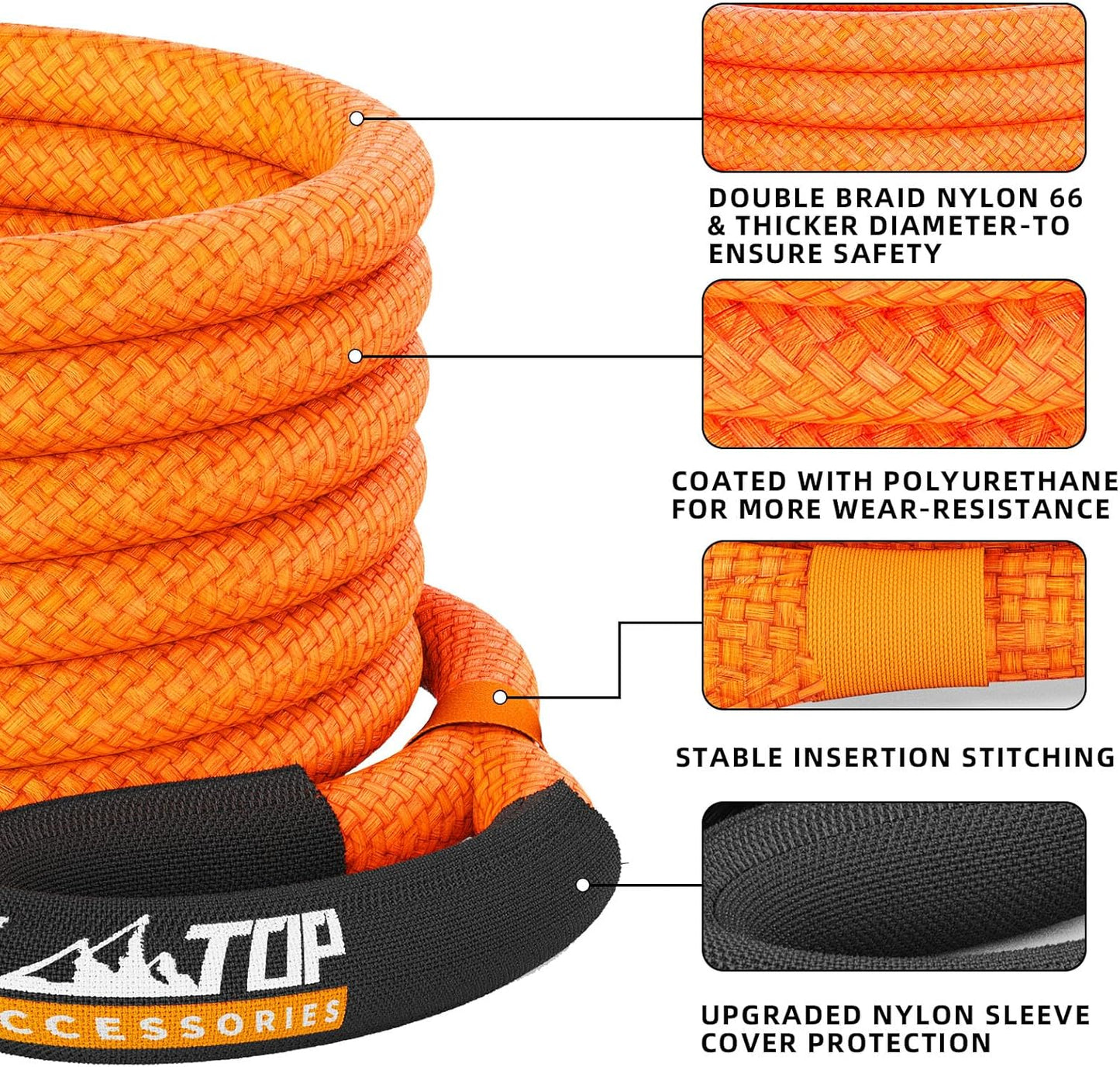 ALL-TOP Kinetic Recovery Rope Kit w/ 2 Soft Shackles, 48000Lbs, 1in x 30ft, Heavy Duty 30+% Elasticity, 16000Lbs Work Load Limit